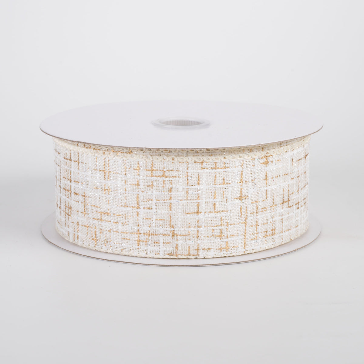 1.5" Linen Glitter Print Tweed Ribbon: White & Gold on Ivory (10 Yards) Item Number: 72325-09-41