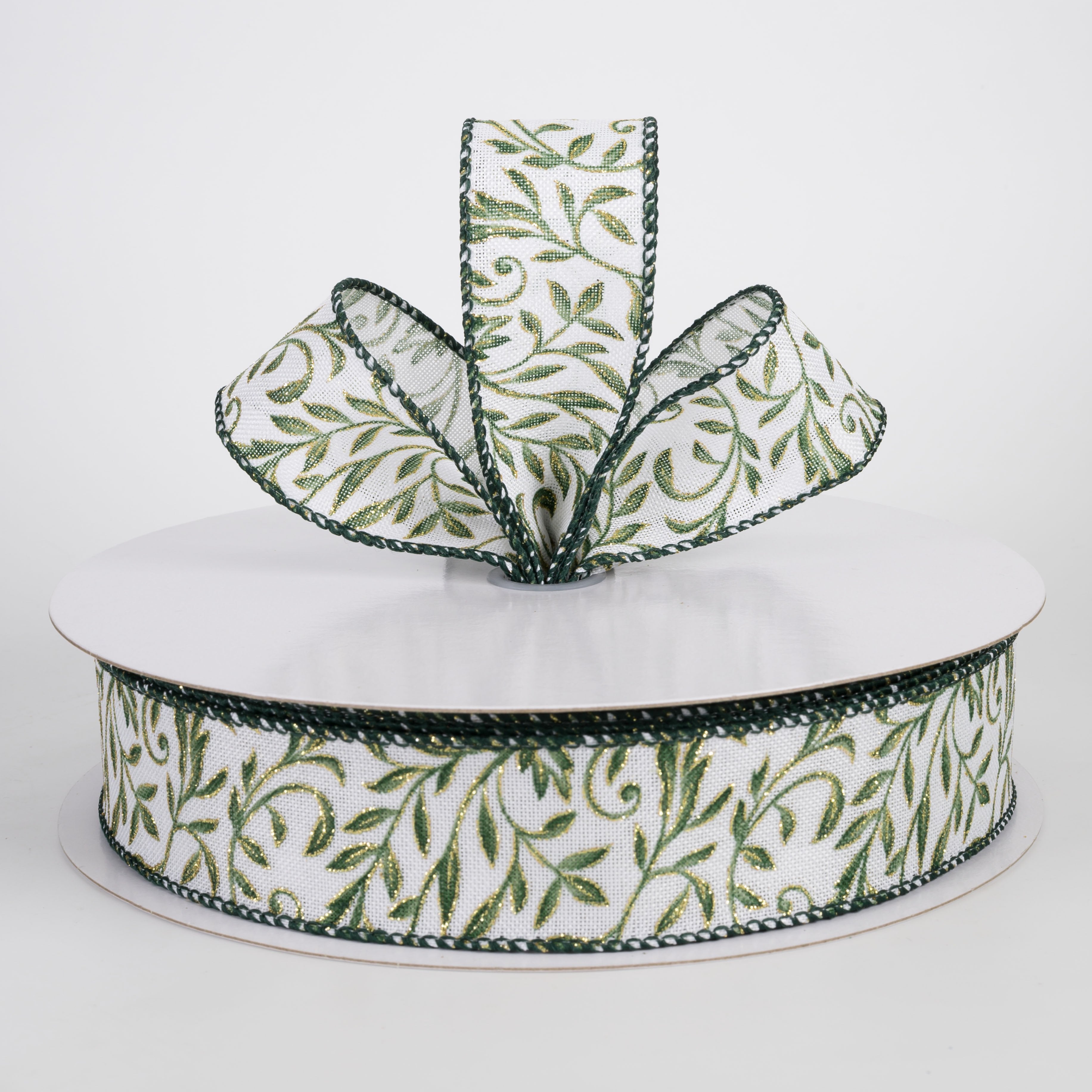 1.5" Linen Glittered Foliage Swirls Ribbon: Moss on Ivory (50 Yards) Lifestyle Photo