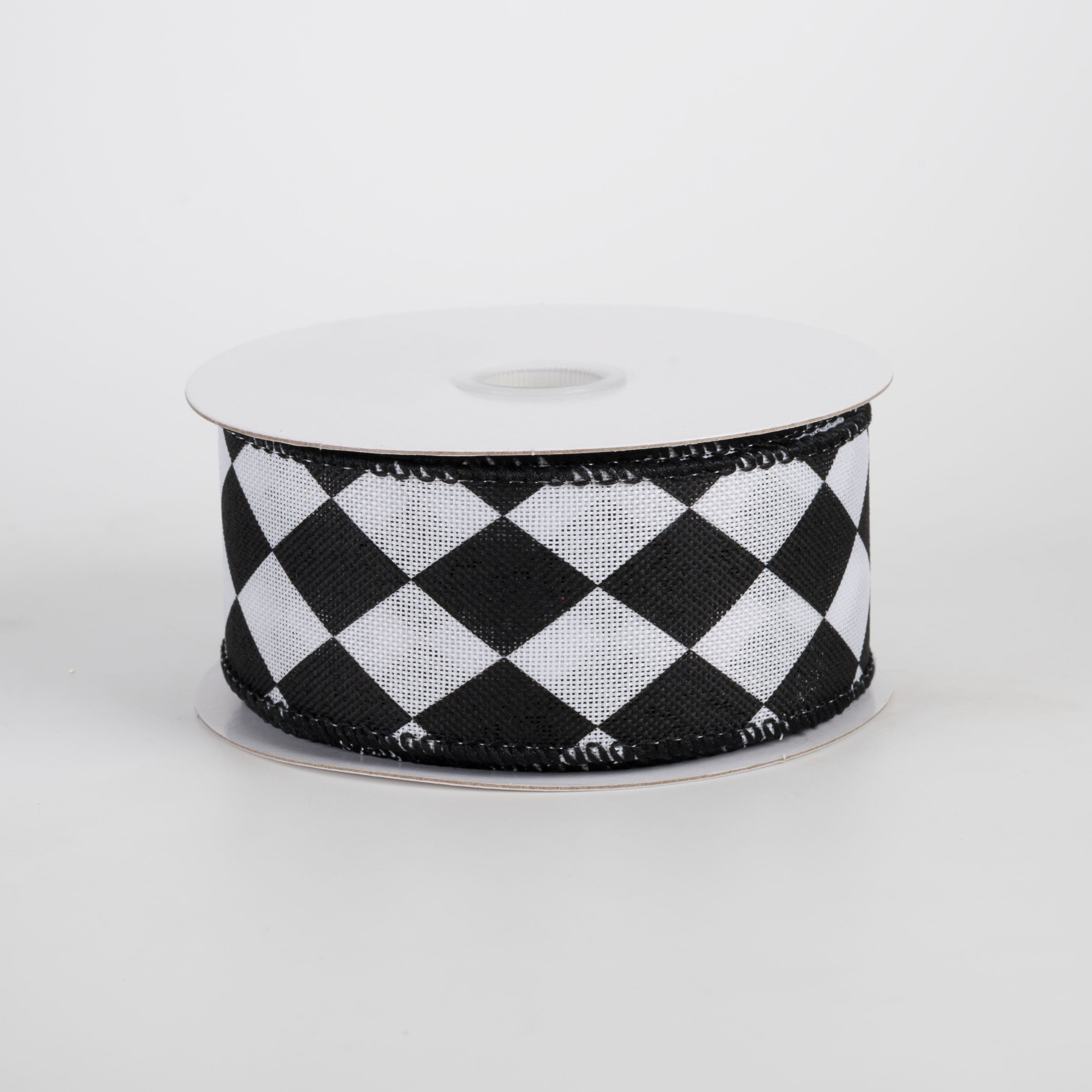 1.5" Linen Harlequin Print Ribbon: Black & White (10 Yards) Item Number: 51606-09-21