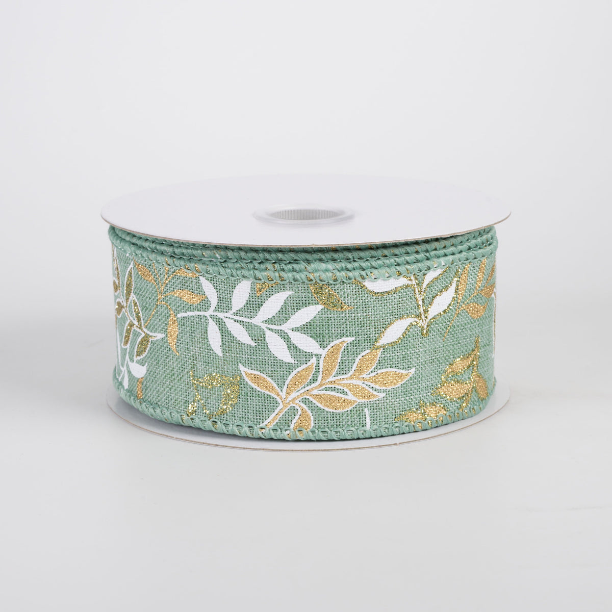 1.5" Linen Pressed Branches Ribbon: White & Gold on Sage (10 Yards) Item Number: 71492-09-06