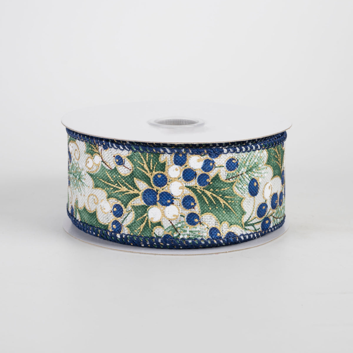 1.5" Linen Sage Holly Leaves & Navy Berries Ribbon: Ivory (10 Yards) Item Number: 72592-09-27