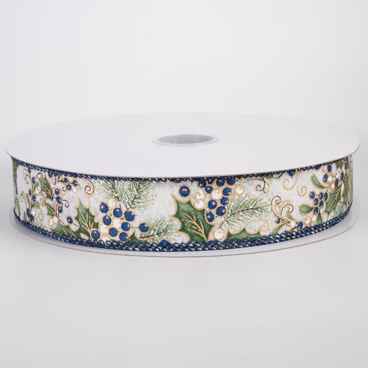1.5" Linen Sage Holly Leaves & Navy Berries Ribbon: Ivory (50 Yards) Item Number: 871-09-533