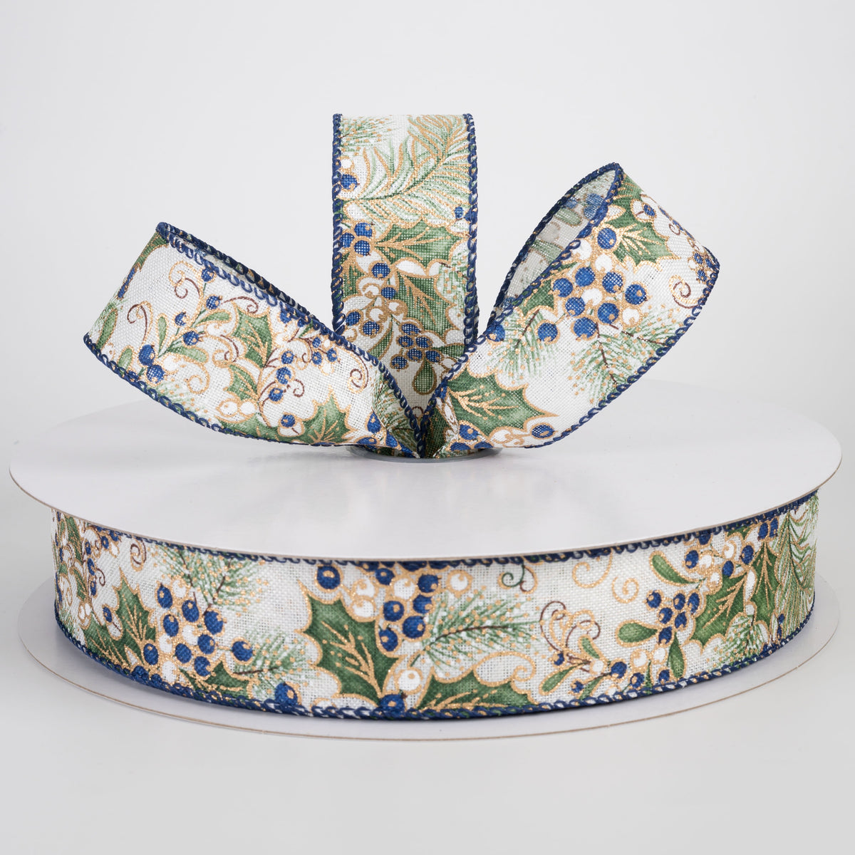 1.5" Linen Sage Holly Leaves & Navy Berries Ribbon: Ivory (50 Yards) Lifestyle Photo