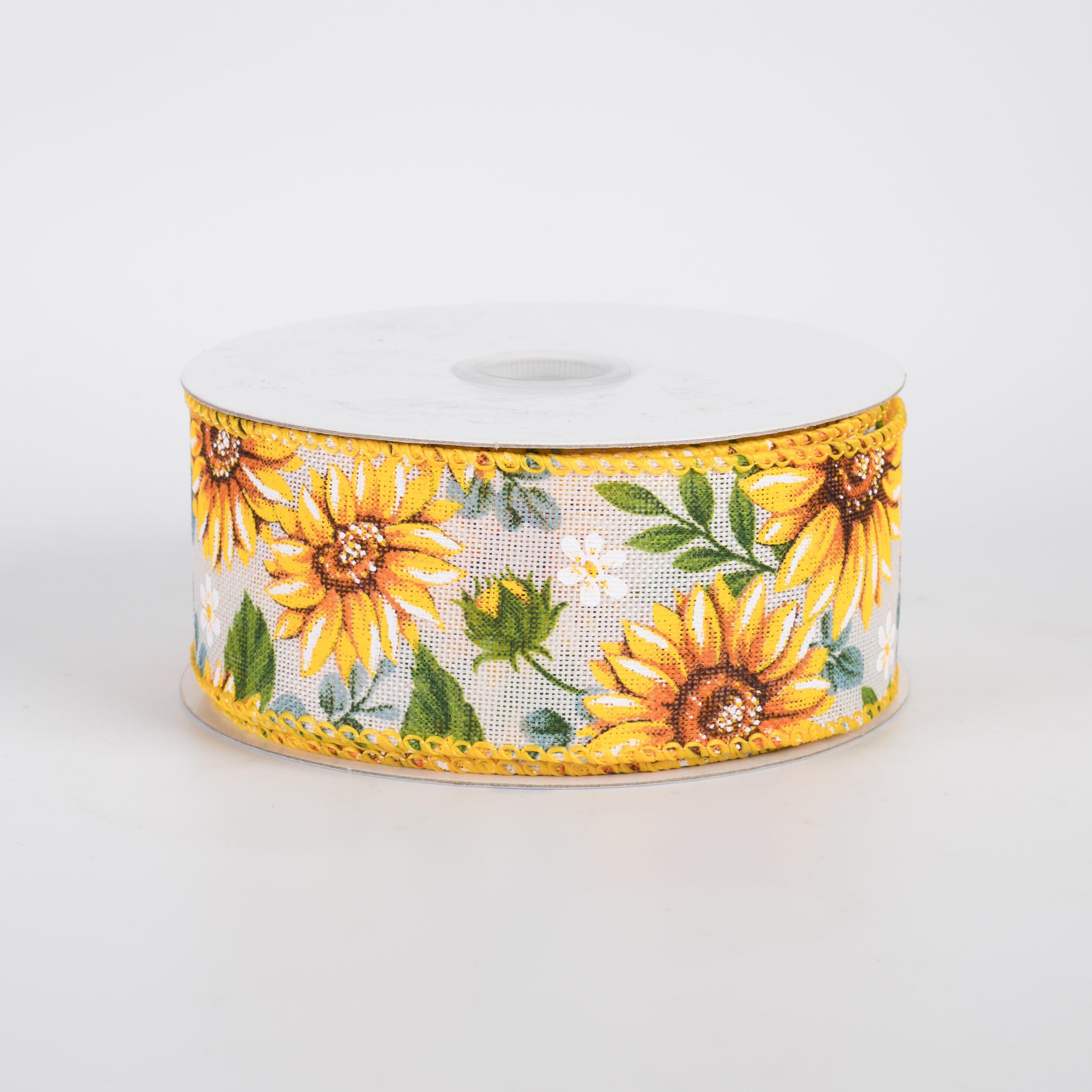 1.5" Linen Sunflowers & Eucalyptus Ribbon: White (10 Yards) Item Number: 42632-09-18