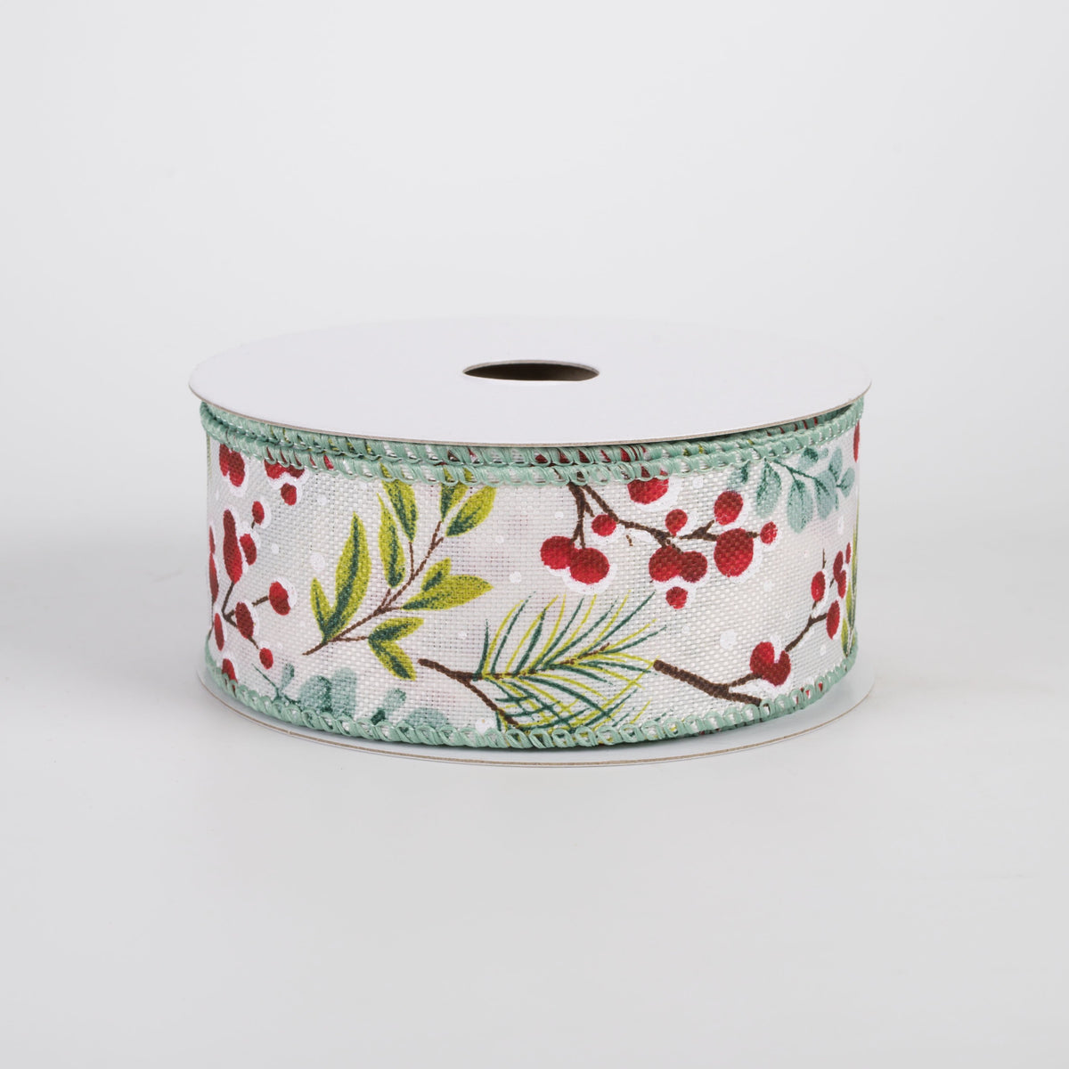 1.5" Linen Teal Eucalyptus & Snow Berries Ribbon: Ivory (10 Yards) Item Number: 71645-09-06