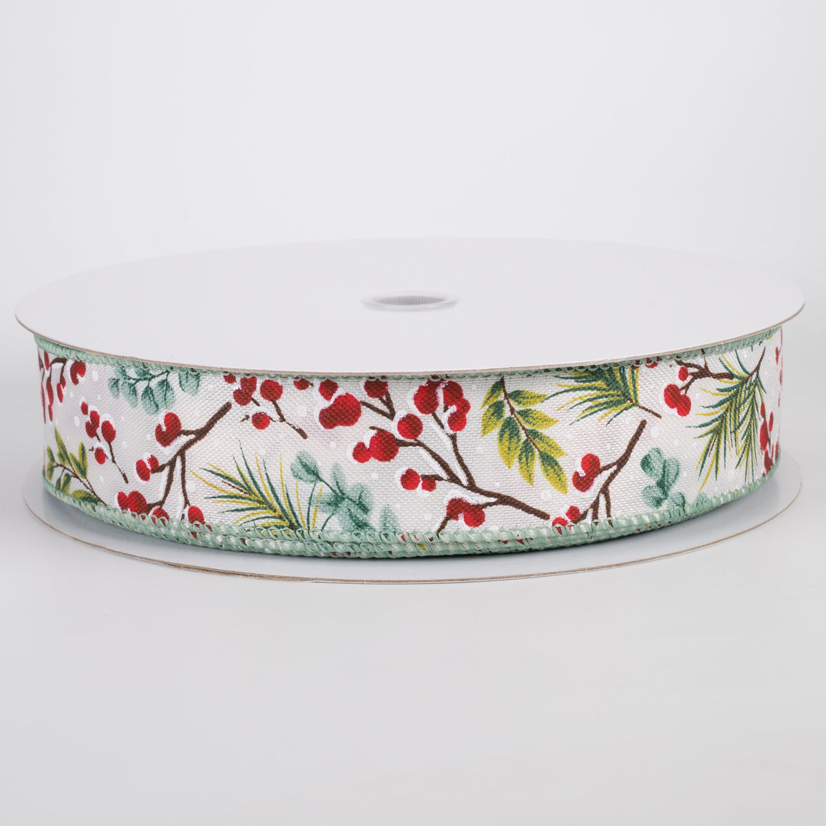 1.5" Linen Teal Eucalyptus & Snow Berries Ribbon: White (50 Yards) Item Number: 871-09-630