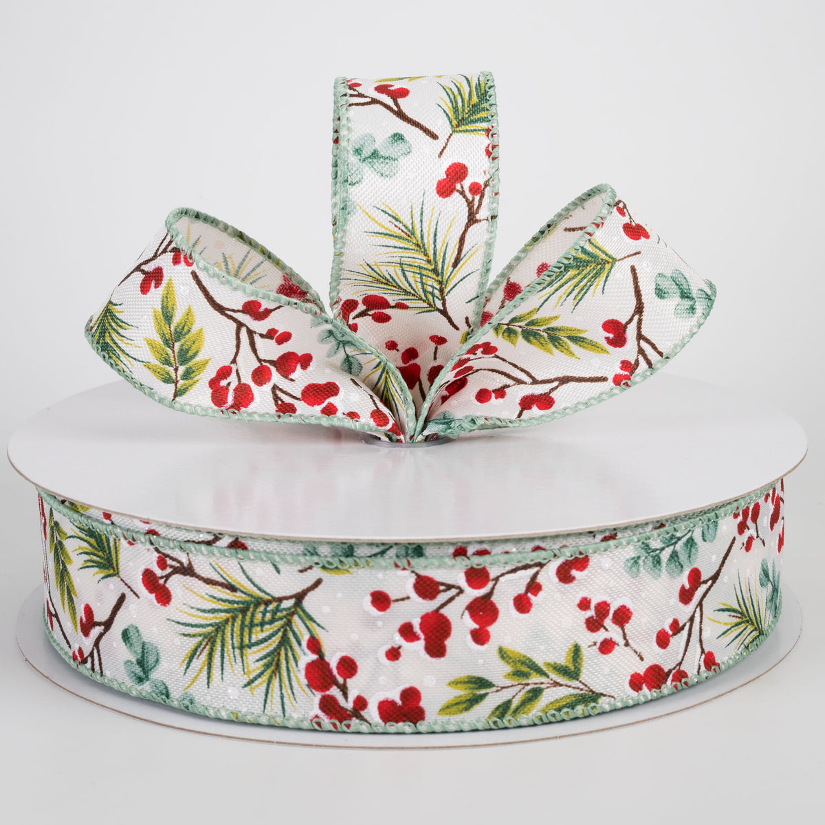 1.5" Linen Teal Eucalyptus & Snow Berries Ribbon: White (50 Yards) Lifestyle Photo