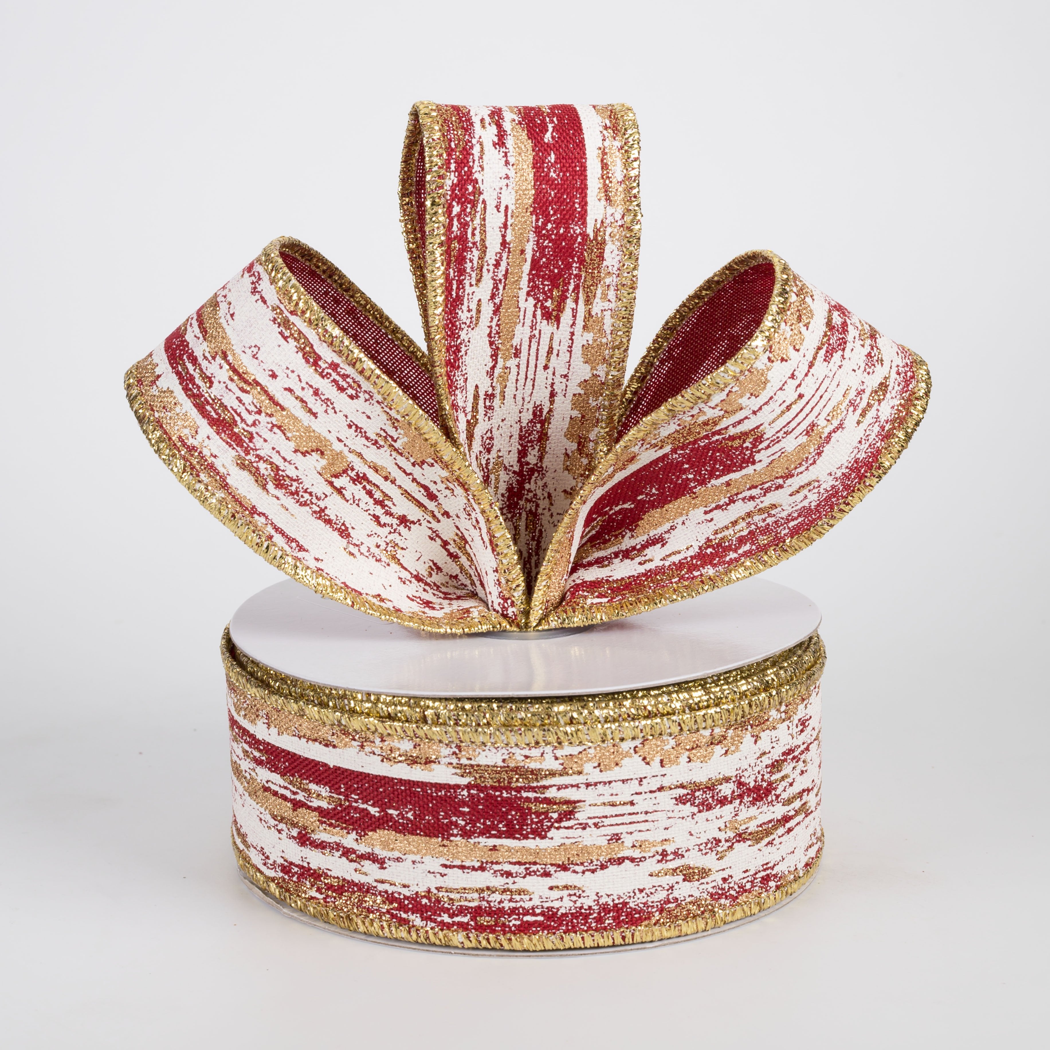 1.5" Metallic Glitter Streaks Ribbon: Cranberry, Cream, Gold (10 Yards) Lifestyle Photo