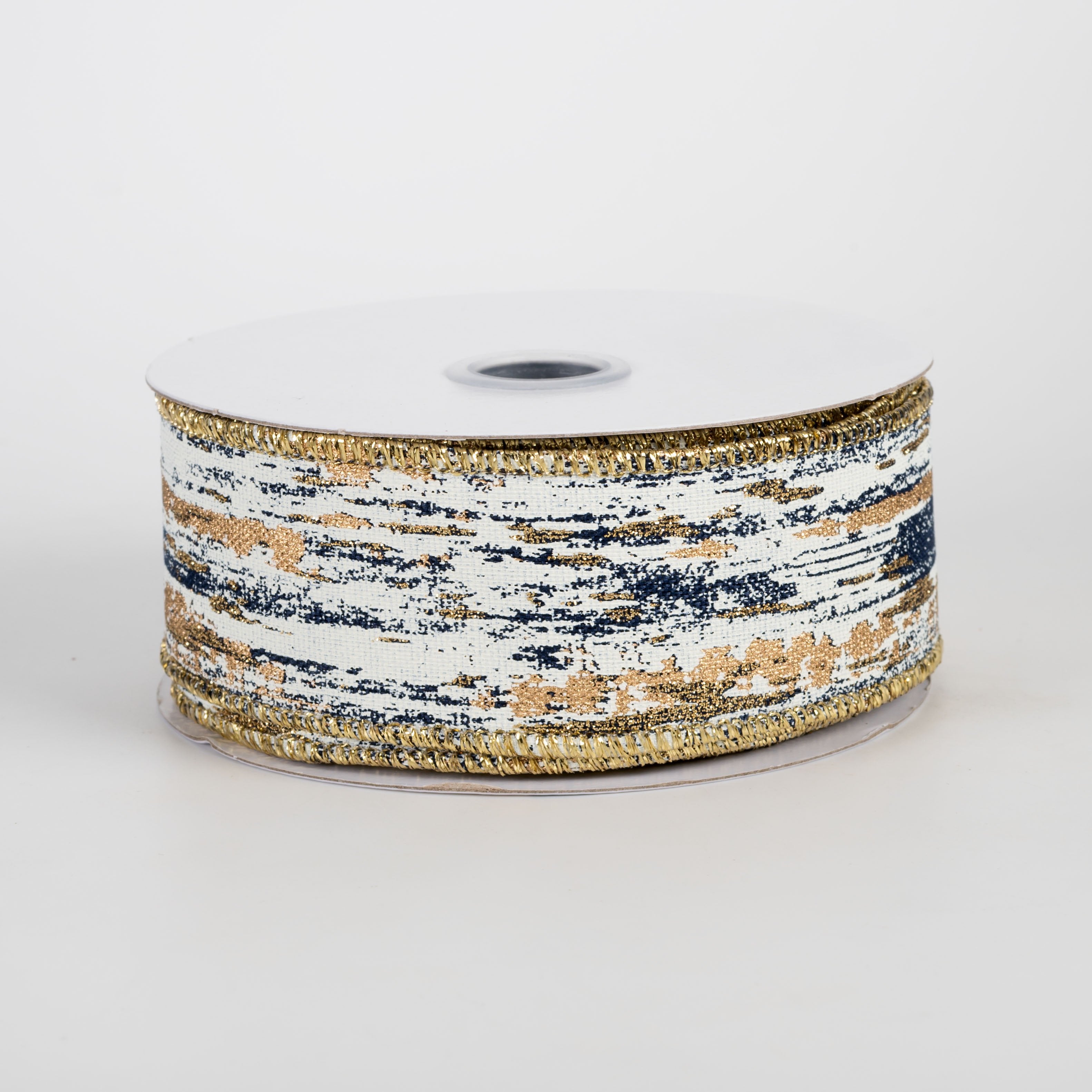 1.5" Metallic Glitter Streaks Ribbon: Navy, Cream, Gold (10 Yards) Item Number: RGH152619