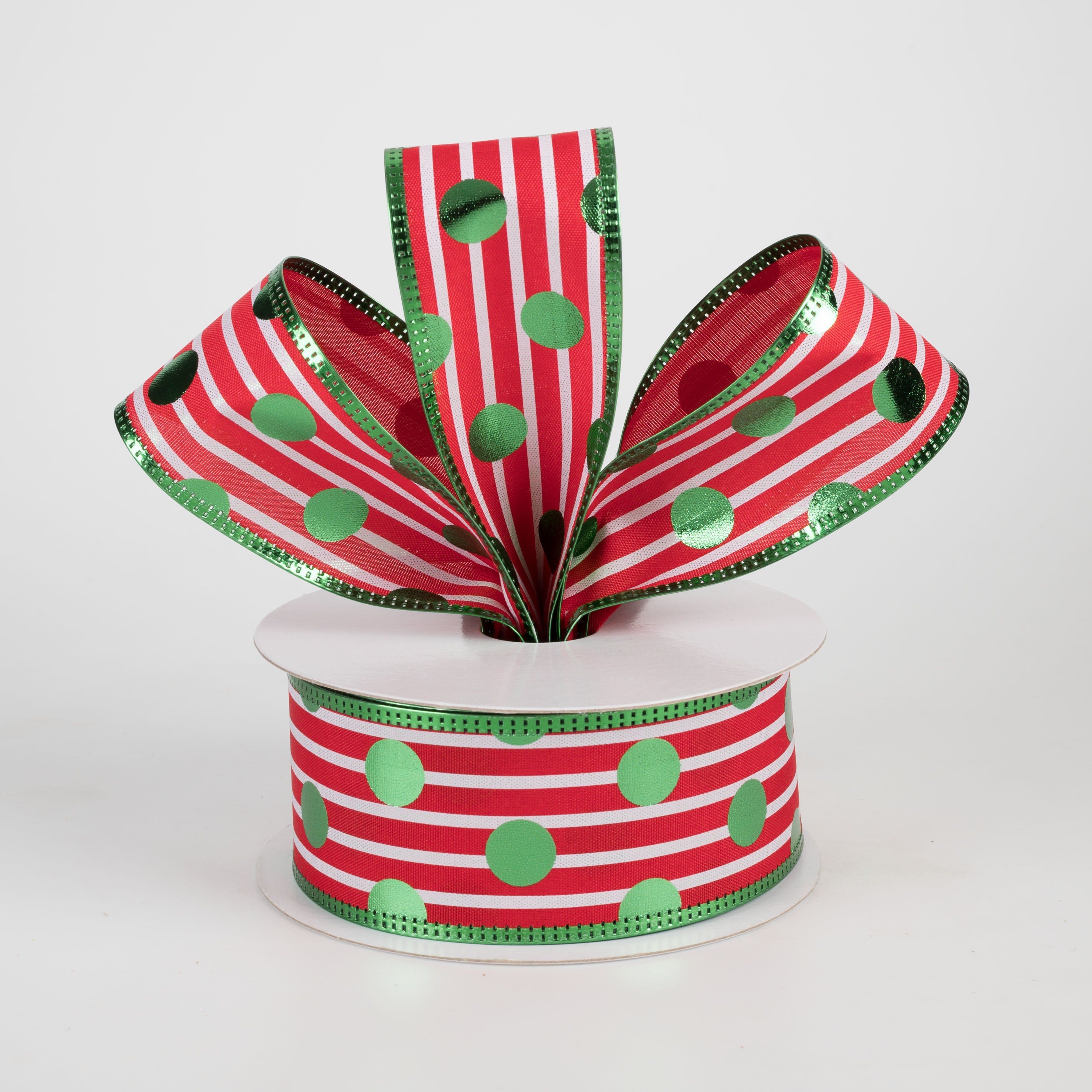 1.5" Metallic Polka Dot & Edge Ribbon: Green on Red & White (10 Yards) Lifestyle Photo