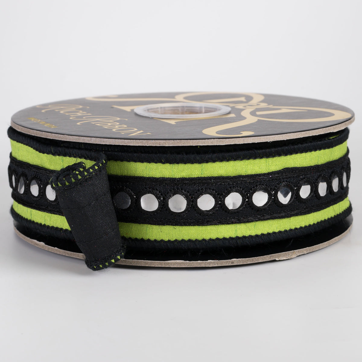1.5" Mirror Center Trim on Dupioni Double Fused Ribbon: Lime & Black (10 Yards) Item Number: RR0071