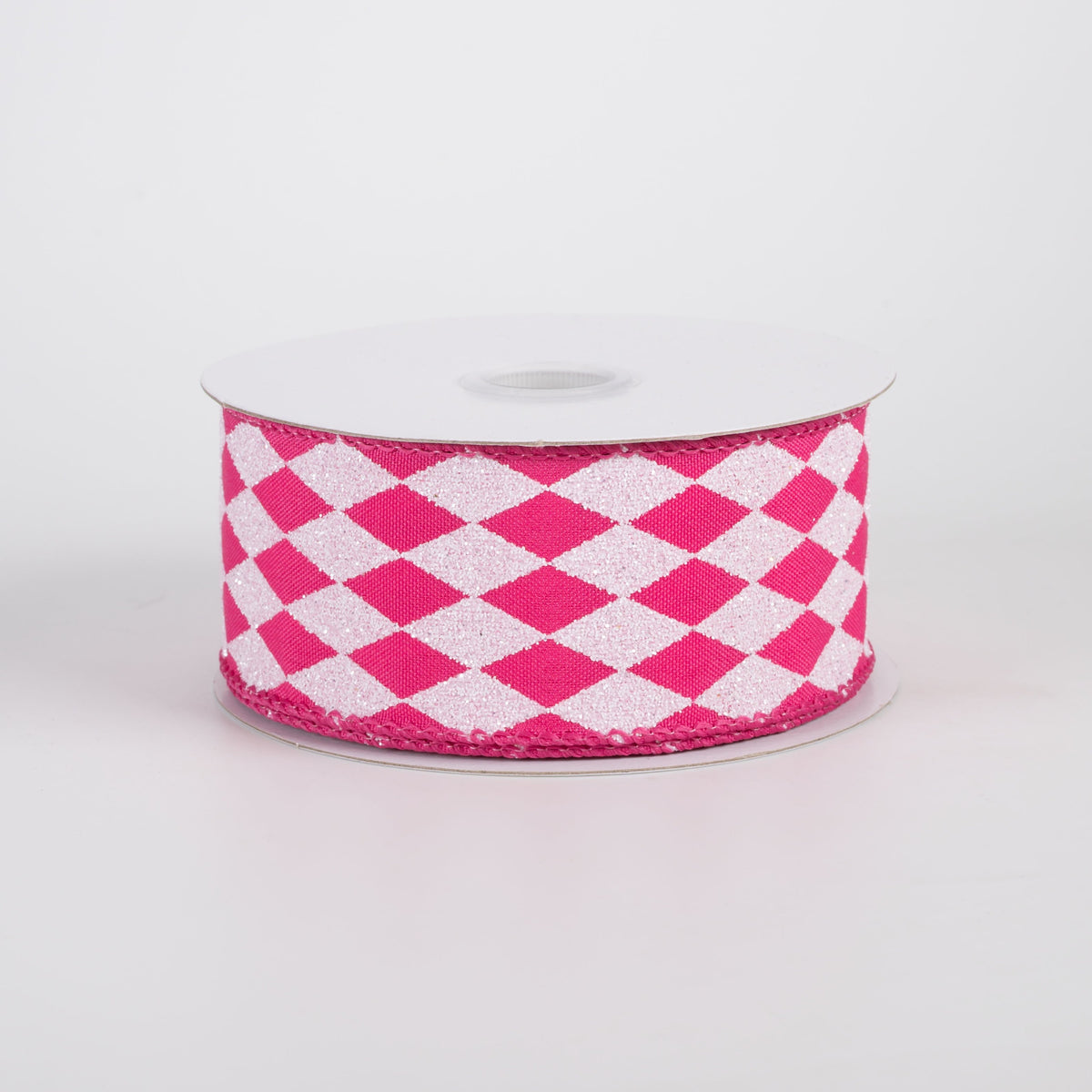 1.5" Narrow Glitter Harlequin on Satin Ribbon: White on Hot Pink (10 Yards) Item Number: 71613-09-28