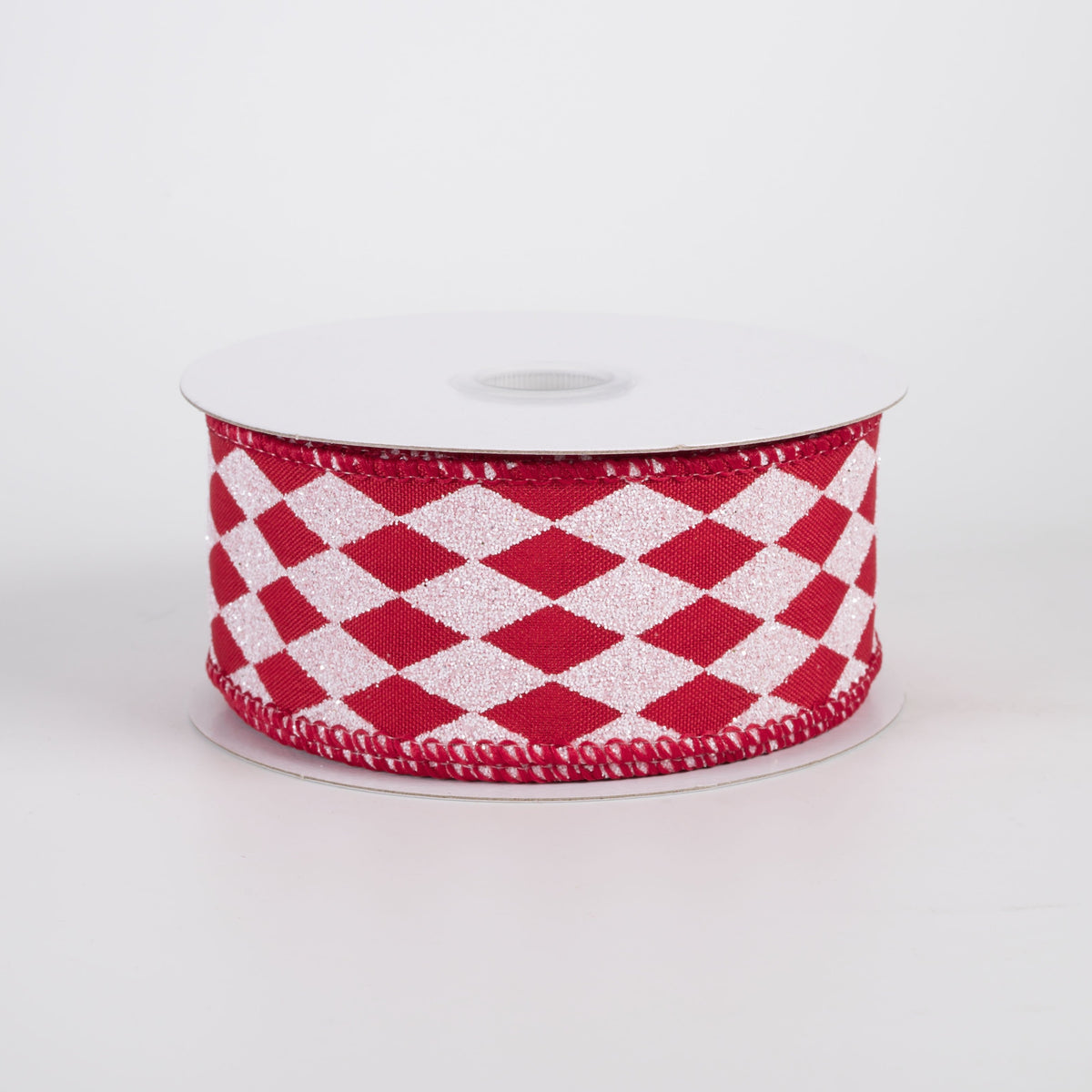 1.5" Narrow Glitter Harlequin on Satin Ribbon: White on Red (10 Yards) Item Number: 71613-09-13