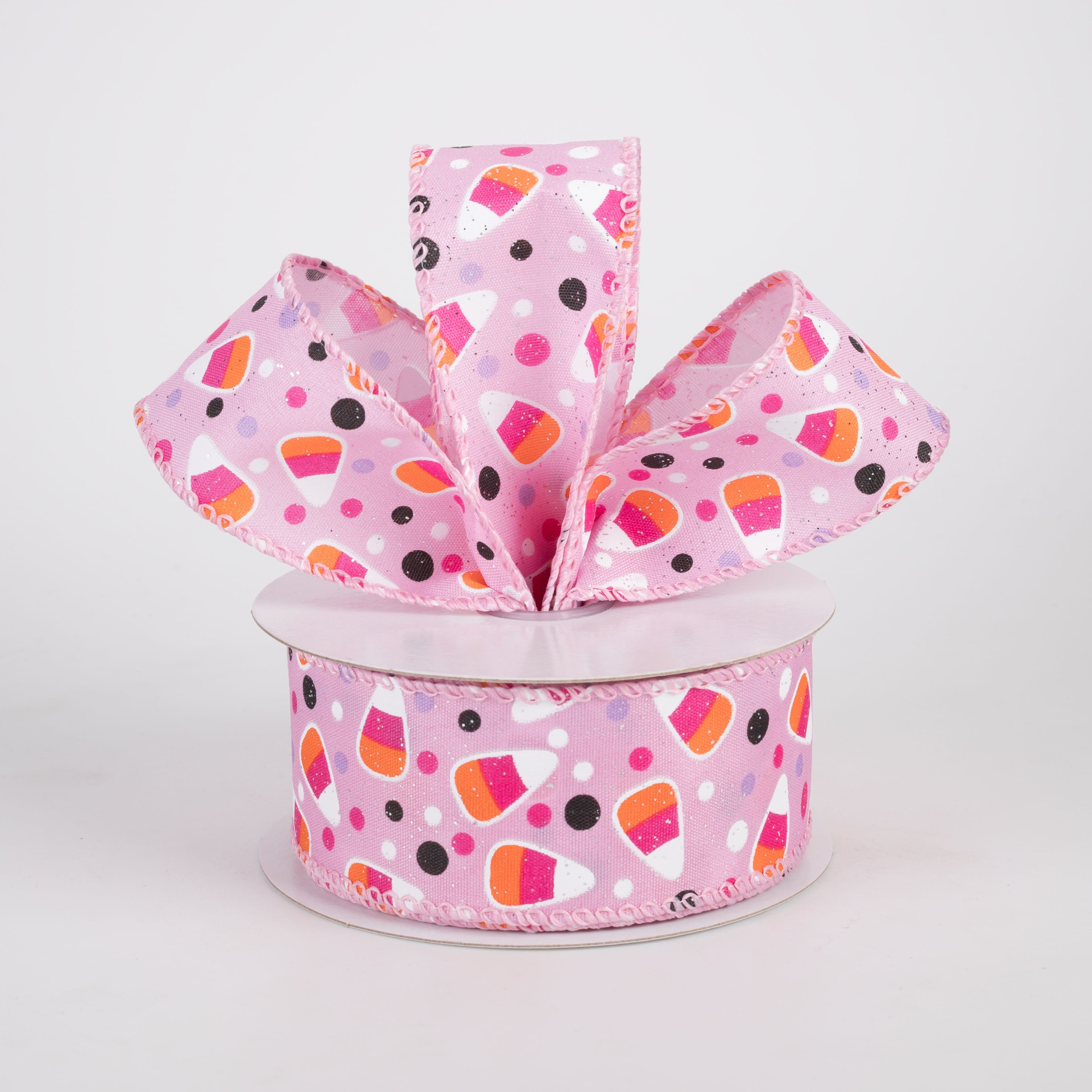 1.5" Pastel Candy Corn Glittered Satin Ribbon: Pink (10 Yards) Lifestyle Photo