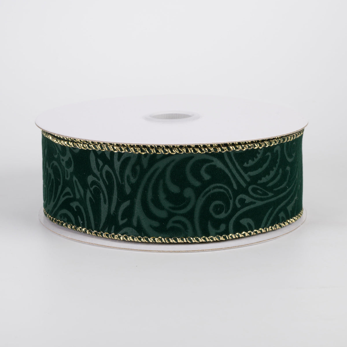 1.5" Pressed Swirls Gold Edge Velvet Ribbon: Hunter Green (10 Yards) Item Number: 71689-09-07