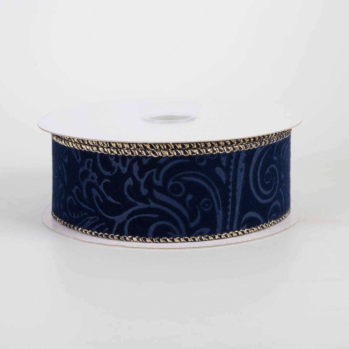 1.5" Pressed Swirls Gold Edge Velvet Ribbon: Navy Blue (10 Yards) Item Number: 71689-09-33