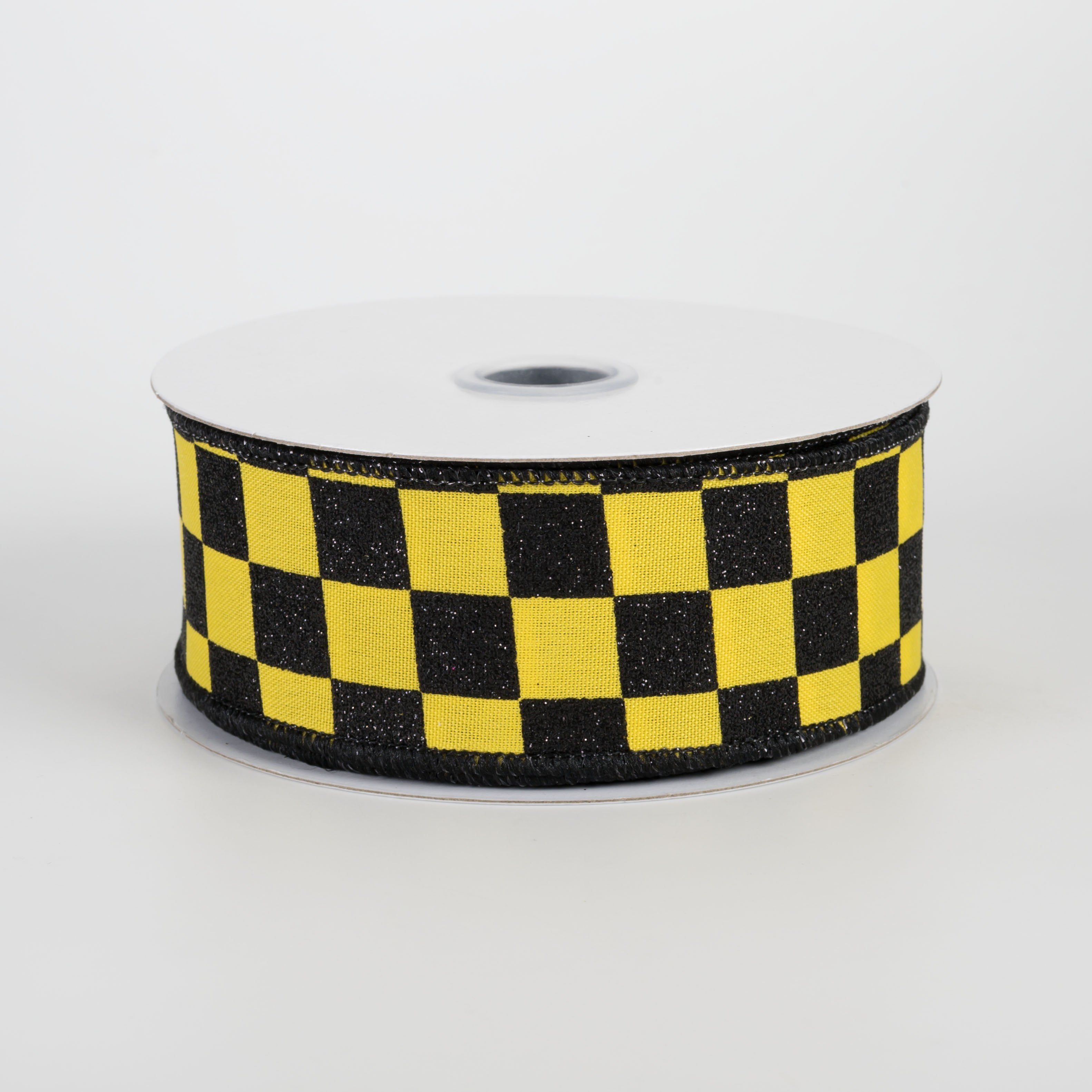 1.5" Printed Glitter Race Check Ribbon: Black on Yellow (10 Yards) Item Number: RGH105929