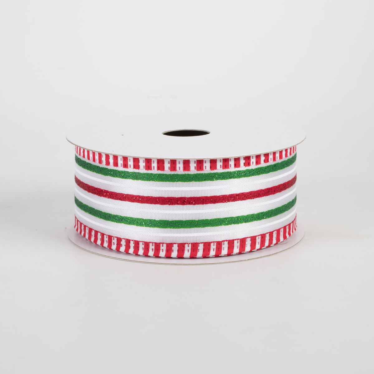 1.5" Satin Glitter Stripes Striped Edge Ribbon: Red, White, Green (10 Yards) Item Number: 76537-09-17