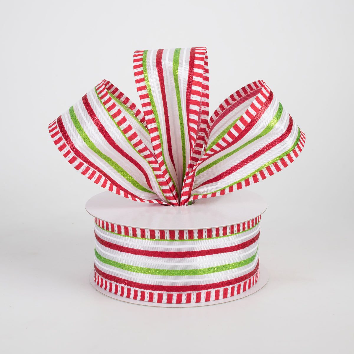 1.5" Satin Glitter Stripes Striped Edge Ribbon: Red, White, Lime (10 Yards) Lifestyle Photo