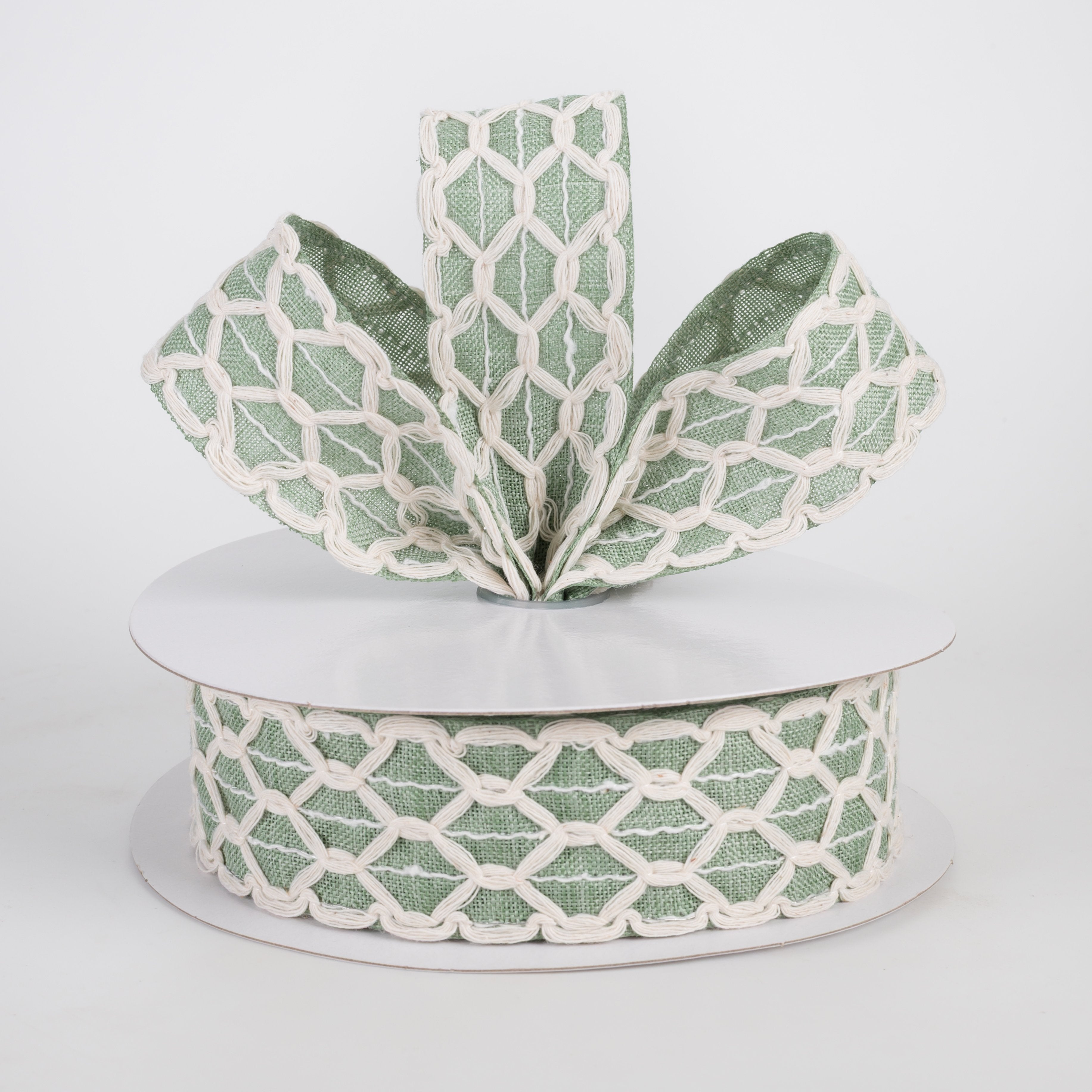 1.5" Scalloped Open Weave Linen Ribbon: Sage Green (10 Yards) Lifestyle Photo
