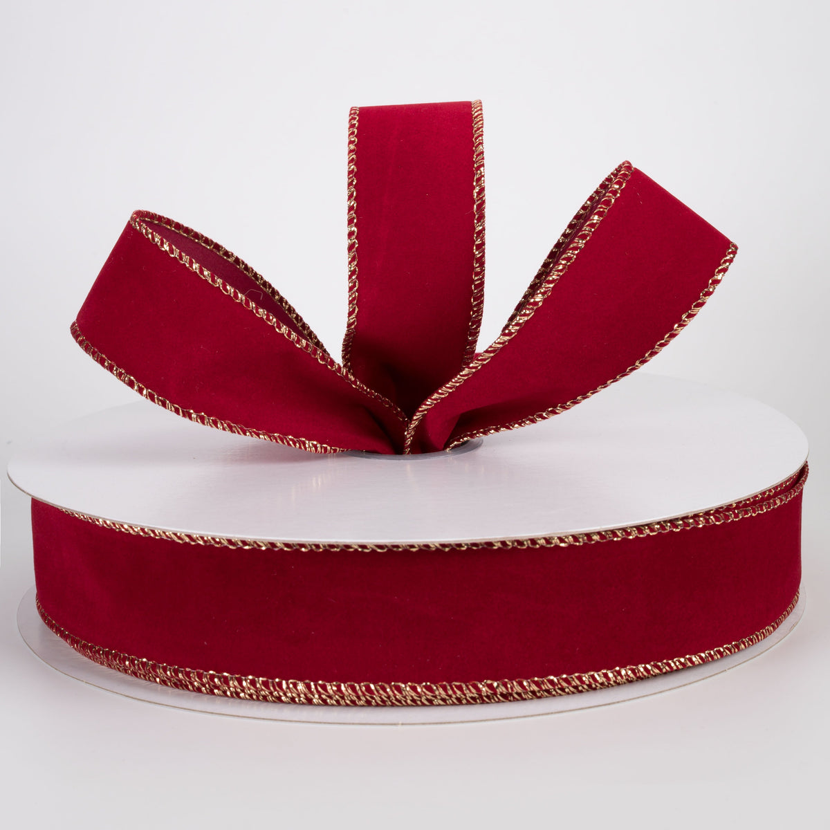 1.5" Stitched Edge Velvet Ribbon: Dark Red with Gold (50 Yards) Lifestyle Photo
