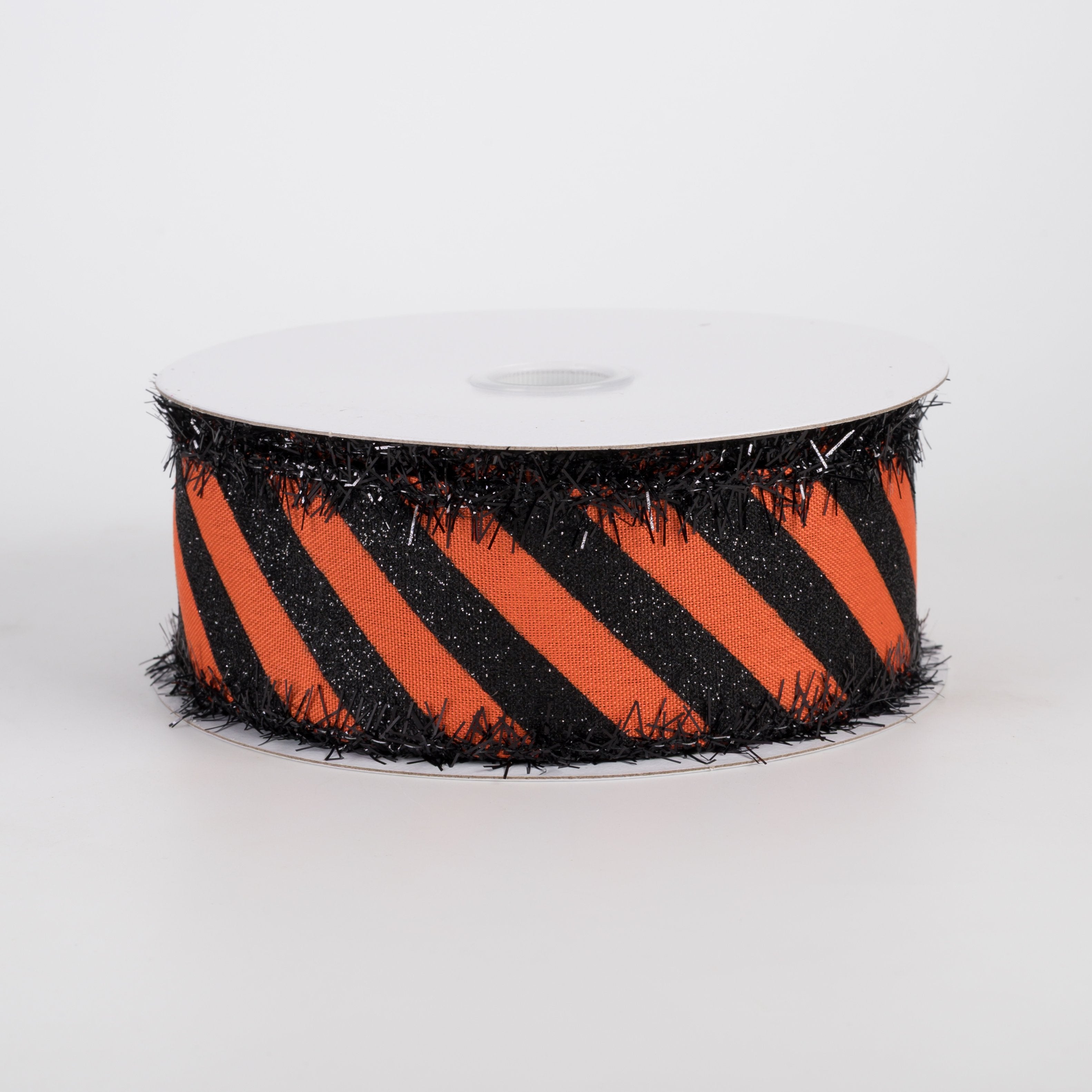 1.5" Tinsel Edge Glittered Diagonal Stripes Ribbon: Black on Orange (10 Yards) Item Number: 51504-09-20
