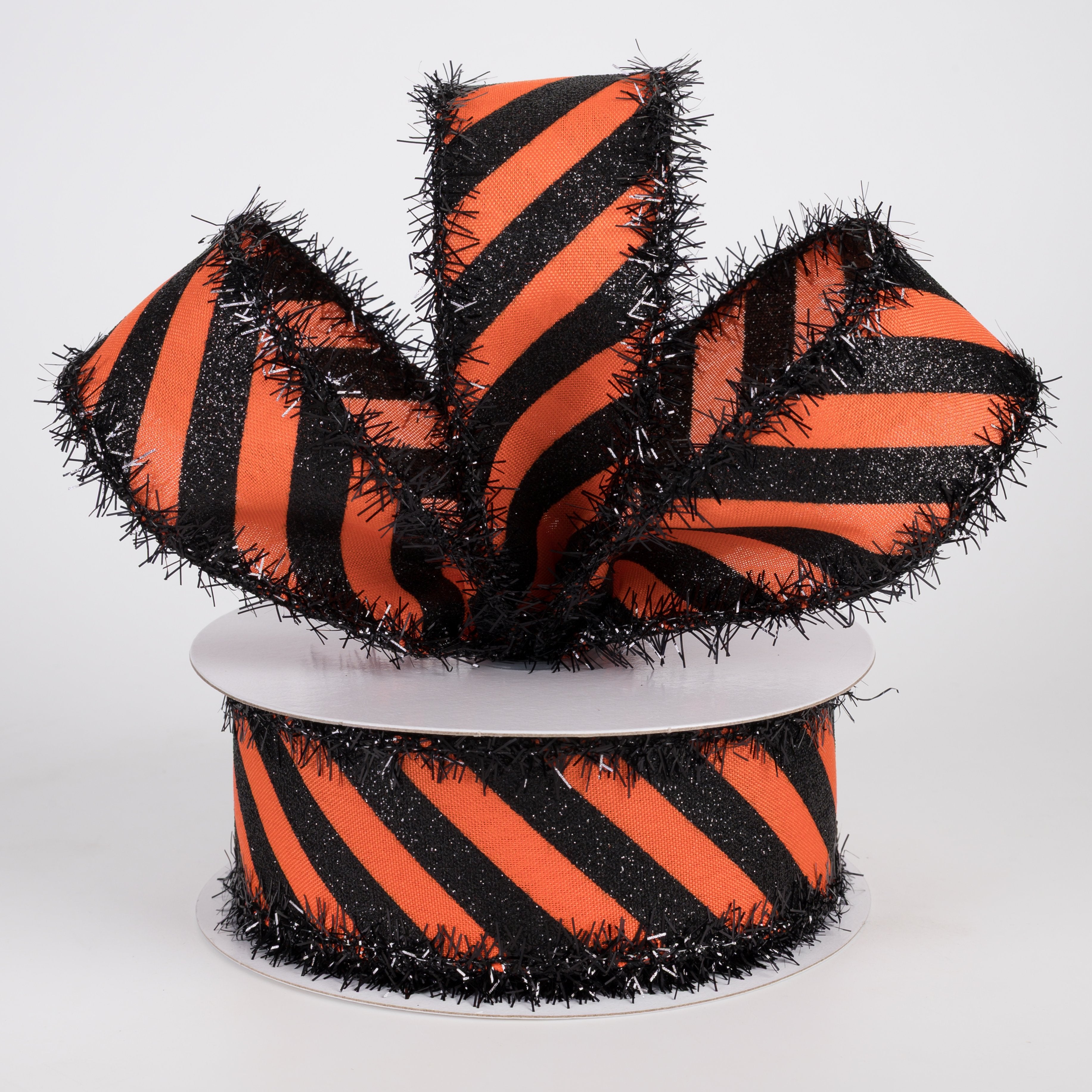 1.5" Tinsel Edge Glittered Diagonal Stripes Ribbon: Black on Orange (10 Yards) Lifestyle Photo