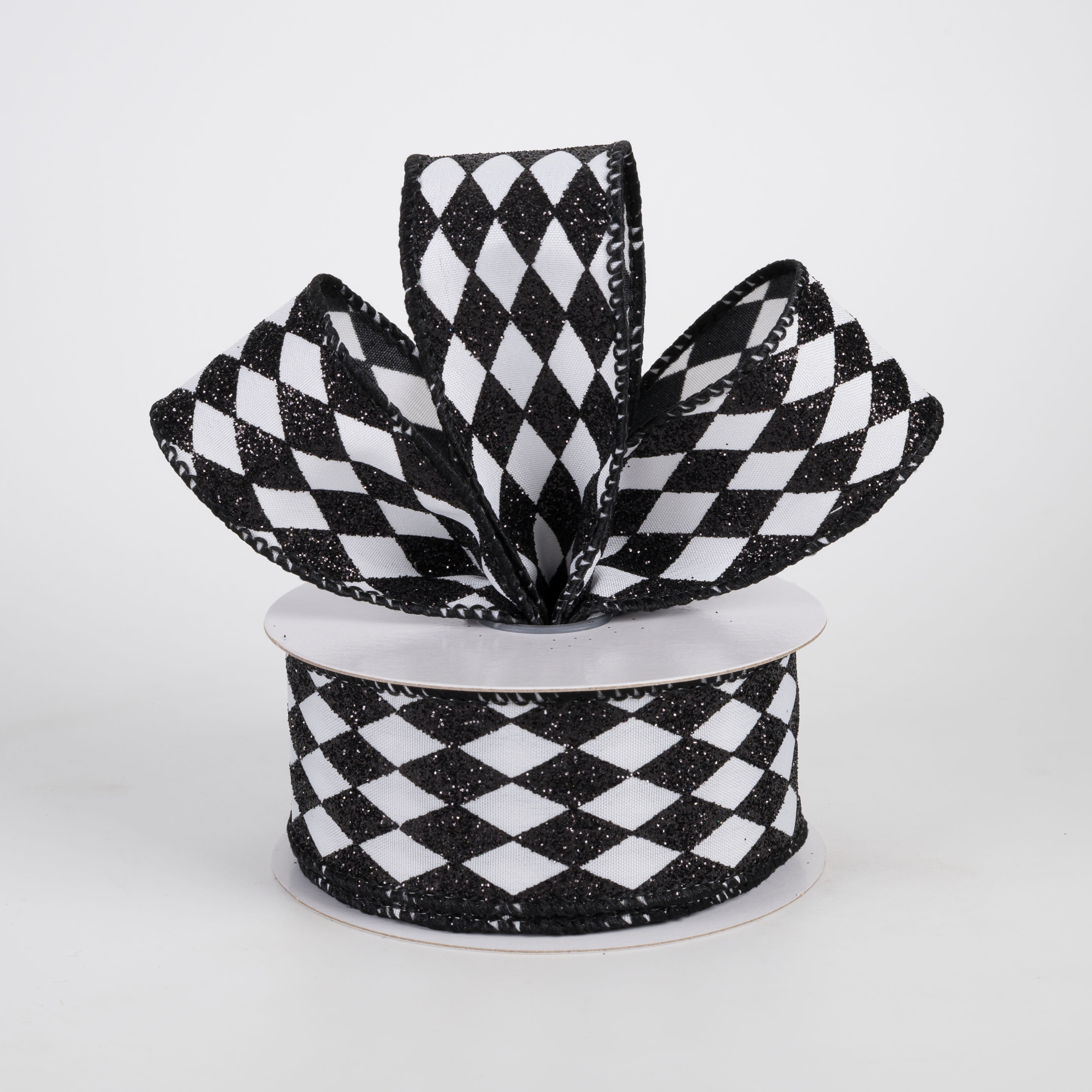1.5" Tiny Glitter Harlequin on Satin Ribbon: Black on White (10 Yards) Lifestyle Photo