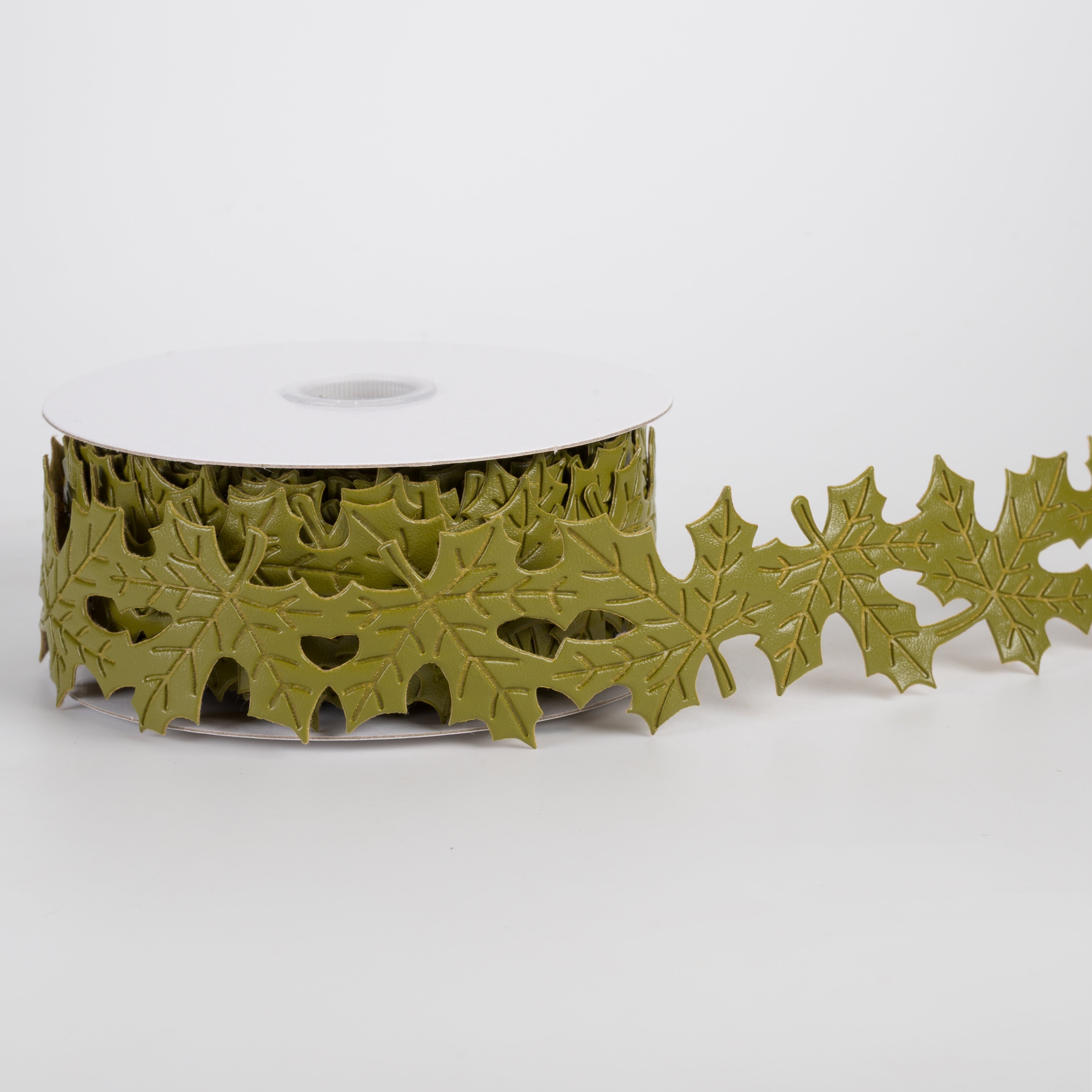 1.5" Unwired Faux Leather Leaf Cutout Ribbon: Moss Green (10 Yards) Item Number: 65625-09-08