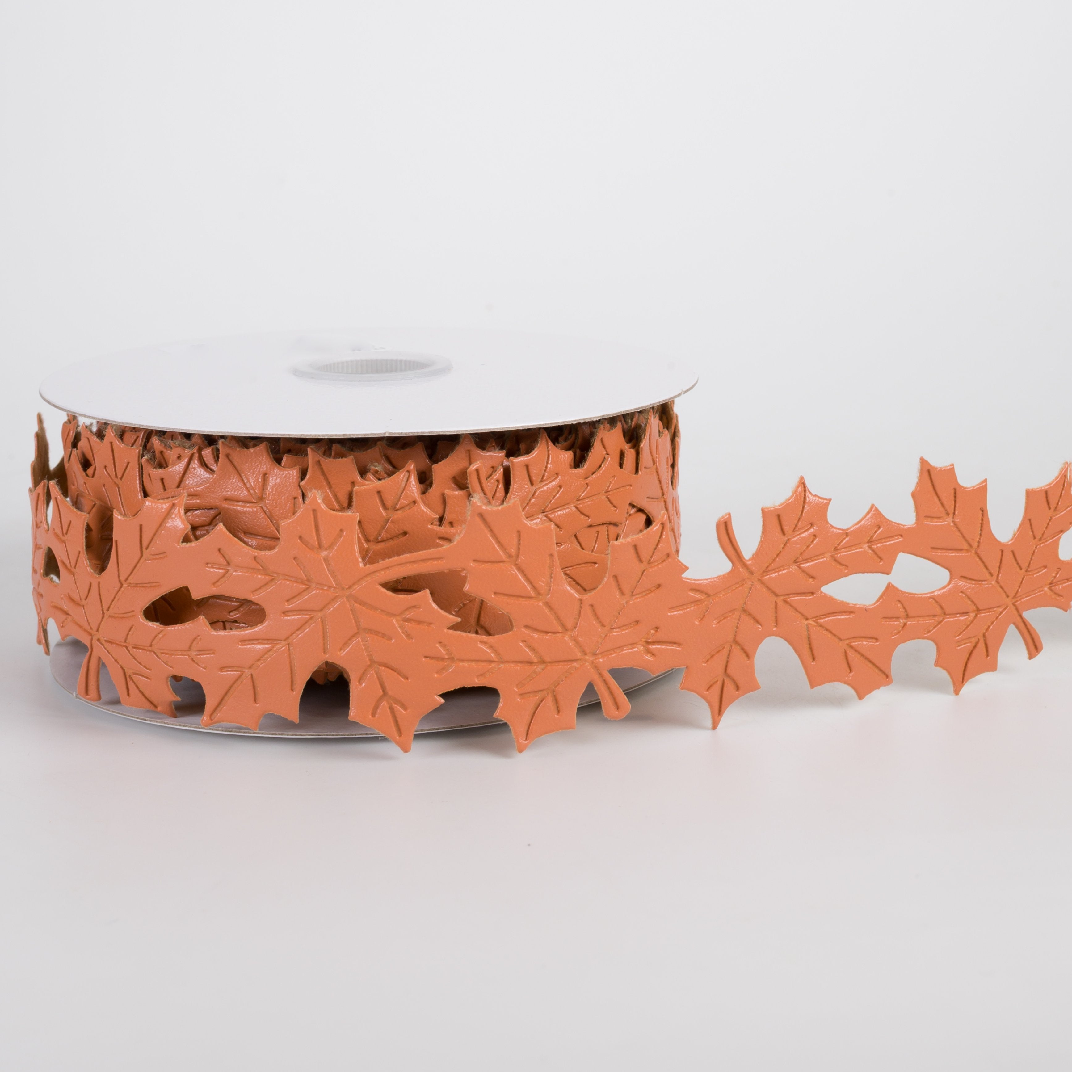1.5" Unwired Faux Leather Leaf Cutout Ribbon: Orange (10 Yards) Item Number: 65625-09-19