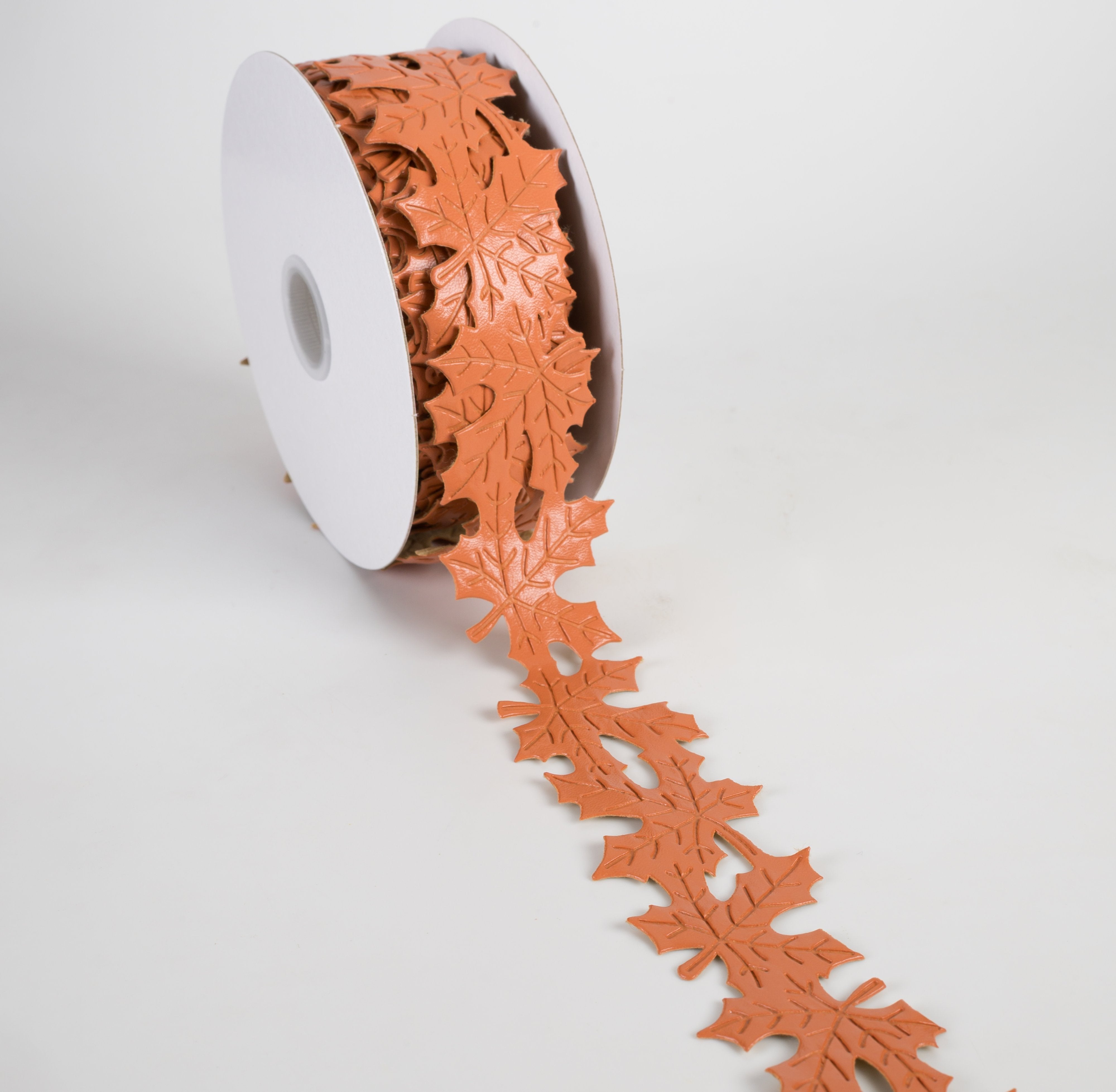 1.5" Unwired Faux Leather Leaf Cutout Ribbon: Orange (10 Yards) Lifestyle Photo