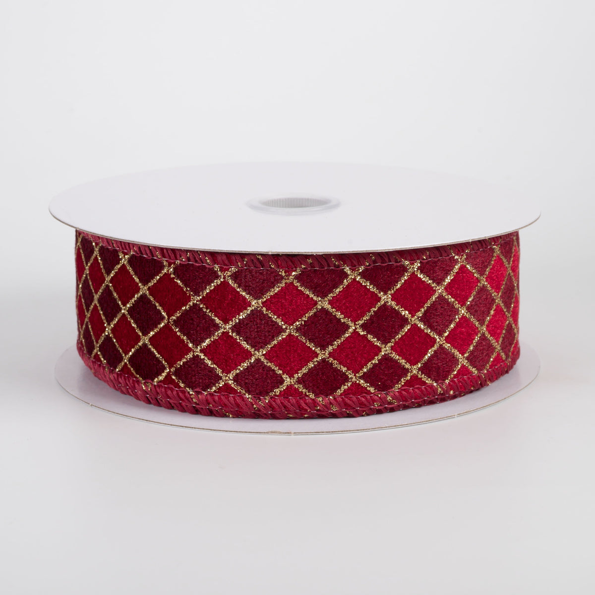 1.5" Velvet Diamond Harlequin Ribbon: Dark Red, Burgundy & Gold (10 Yards) Item Number: 71664-09-13