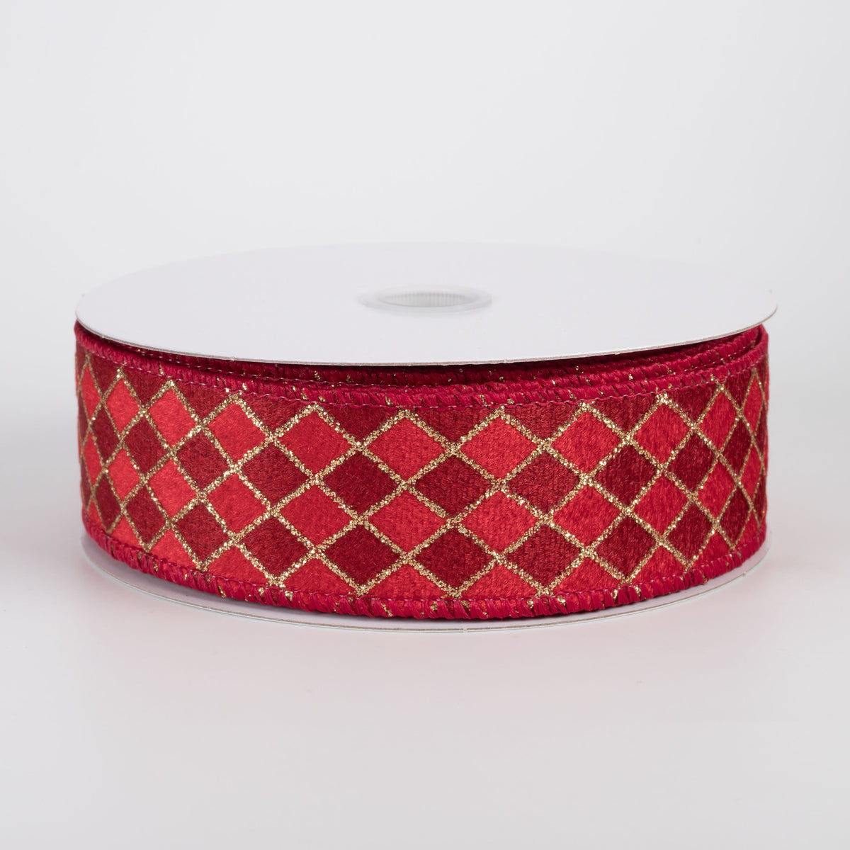 1.5" Velvet Diamond Harlequin Ribbon: Red, Dark Red & Gold (10 Yards) Item Number: 71664-09-12