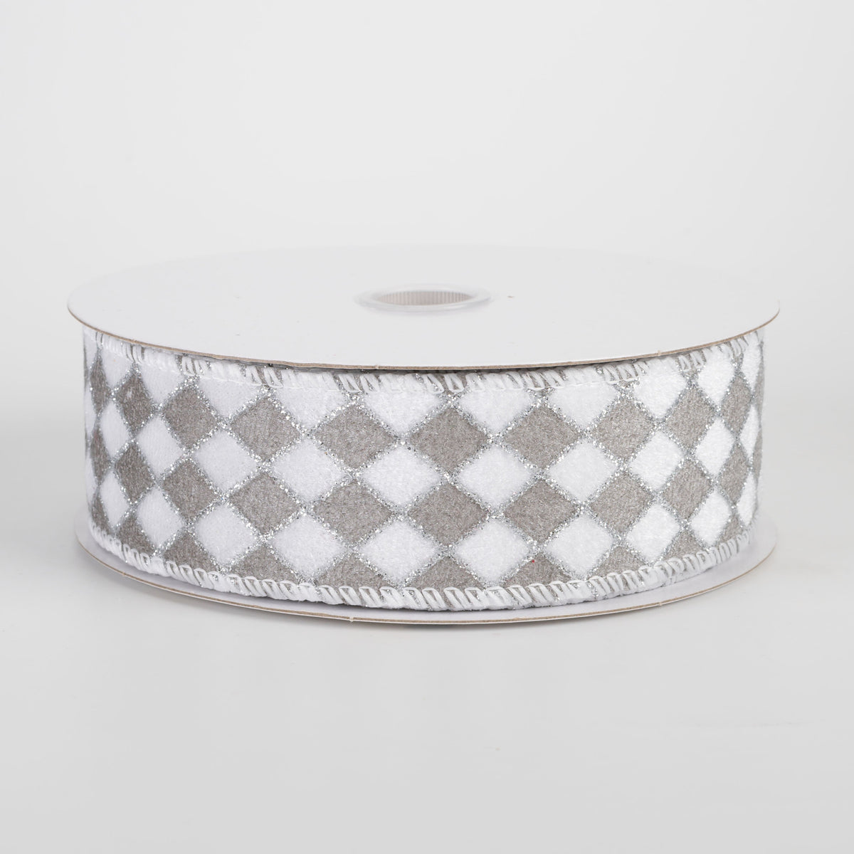 1.5" Velvet Diamond Harlequin Ribbon: White, Grey & Silver (10 Yards) Item Number: 71664-09-51