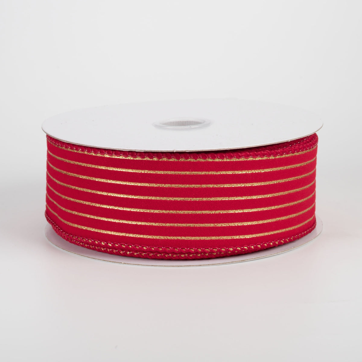 1.5" Velvet Pressed Thin Stripes Ribbon: Red & Gold (10 Yards) Item Number: 71665-09-15