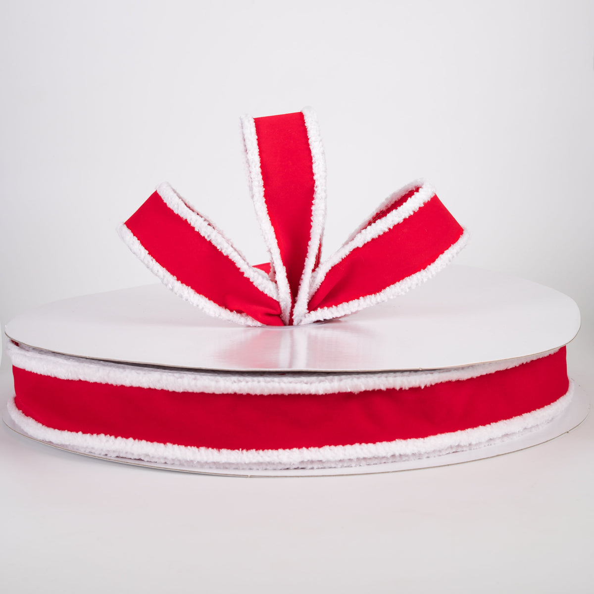 1.5" Velvet Super Fuzz Edge Ribbon: Red & White (50 Yards) Lifestyle Photo