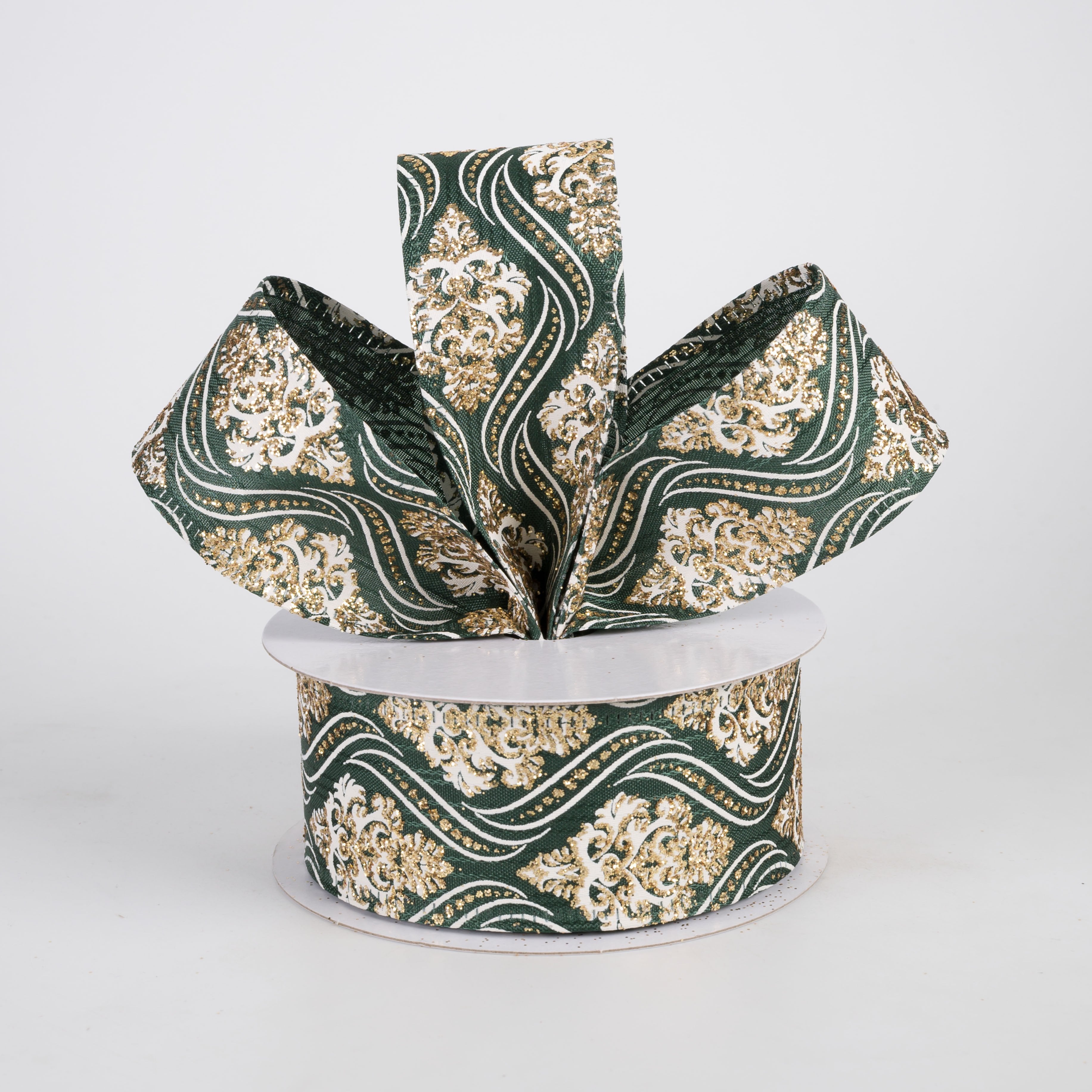 1.5" Wavy Damask Satin Ribbon: White & Gold on Dark Green (10 Yards) Lifestyle Photo