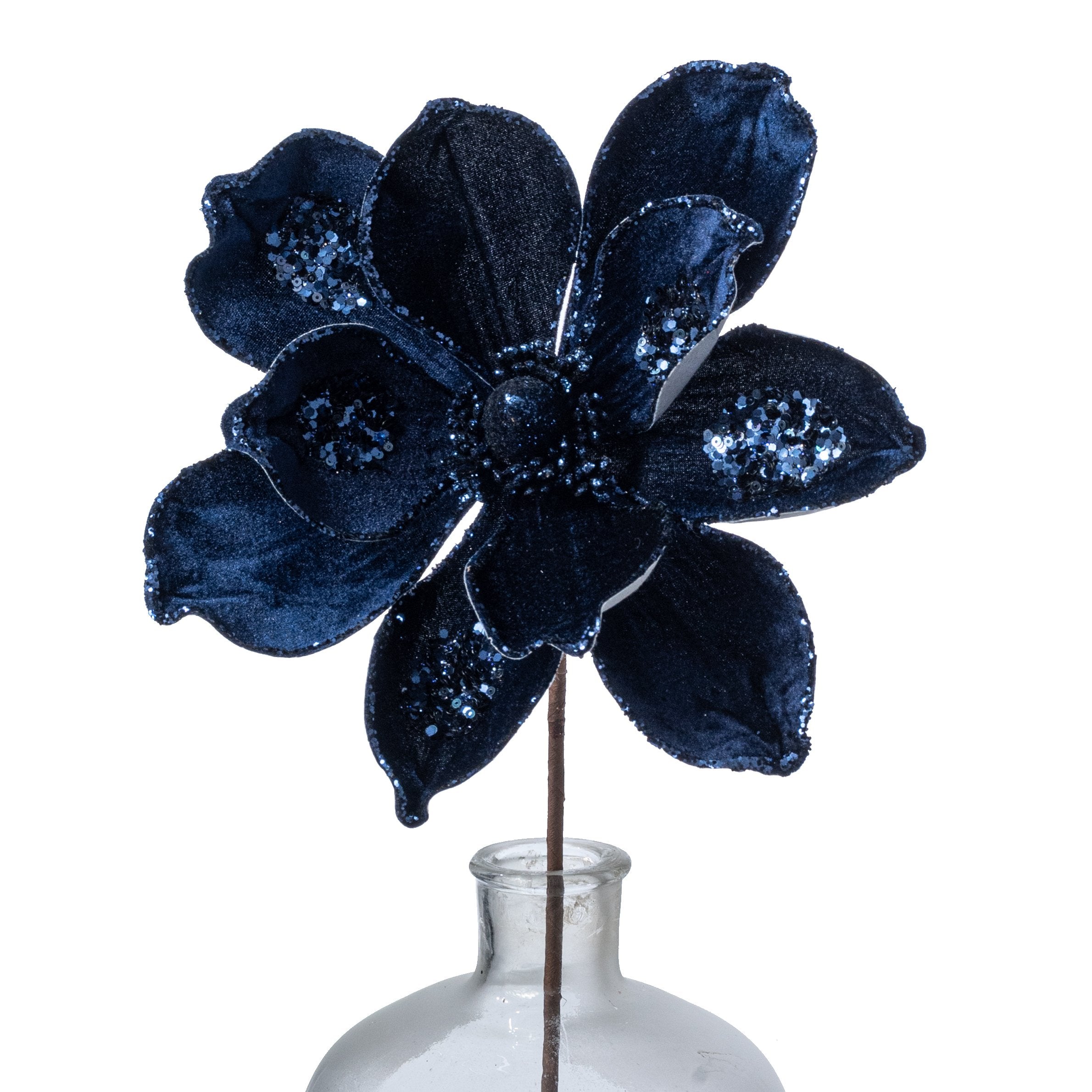 10" x 21" Sequined Velvet Magnolia Flower Stem: Navy Blue Item Number: 86938BL