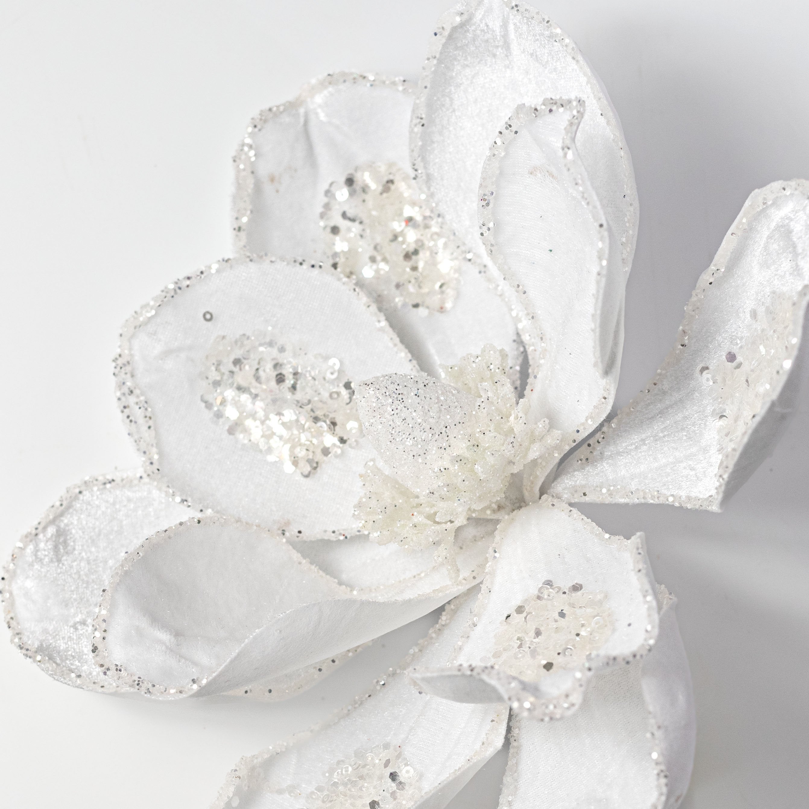 10" x 21" Sequined Velvet Magnolia Flower Stem: White detail photo 4