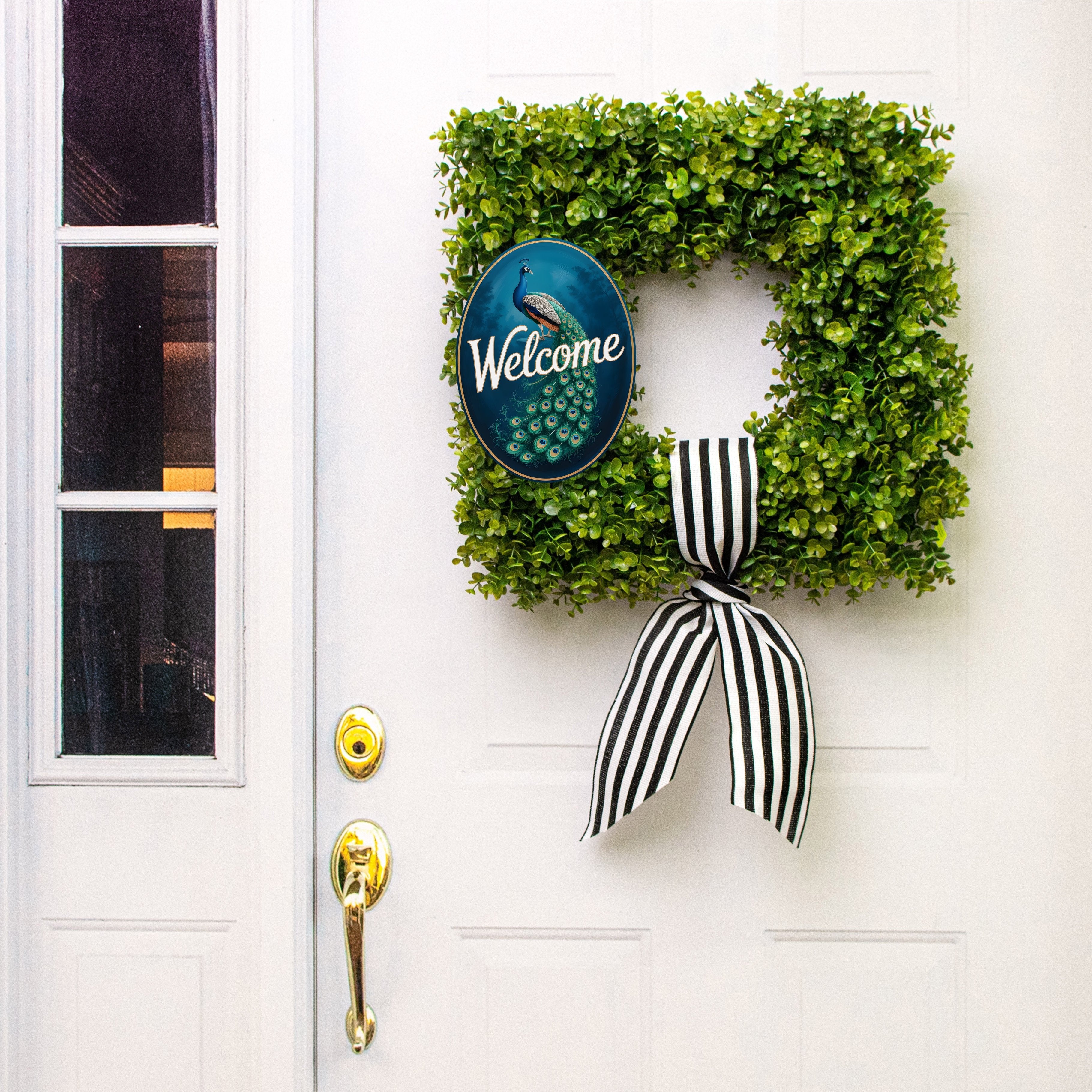 10.5" Oval Waterproof Sign: Peacock Welcome Lifestyle Photo