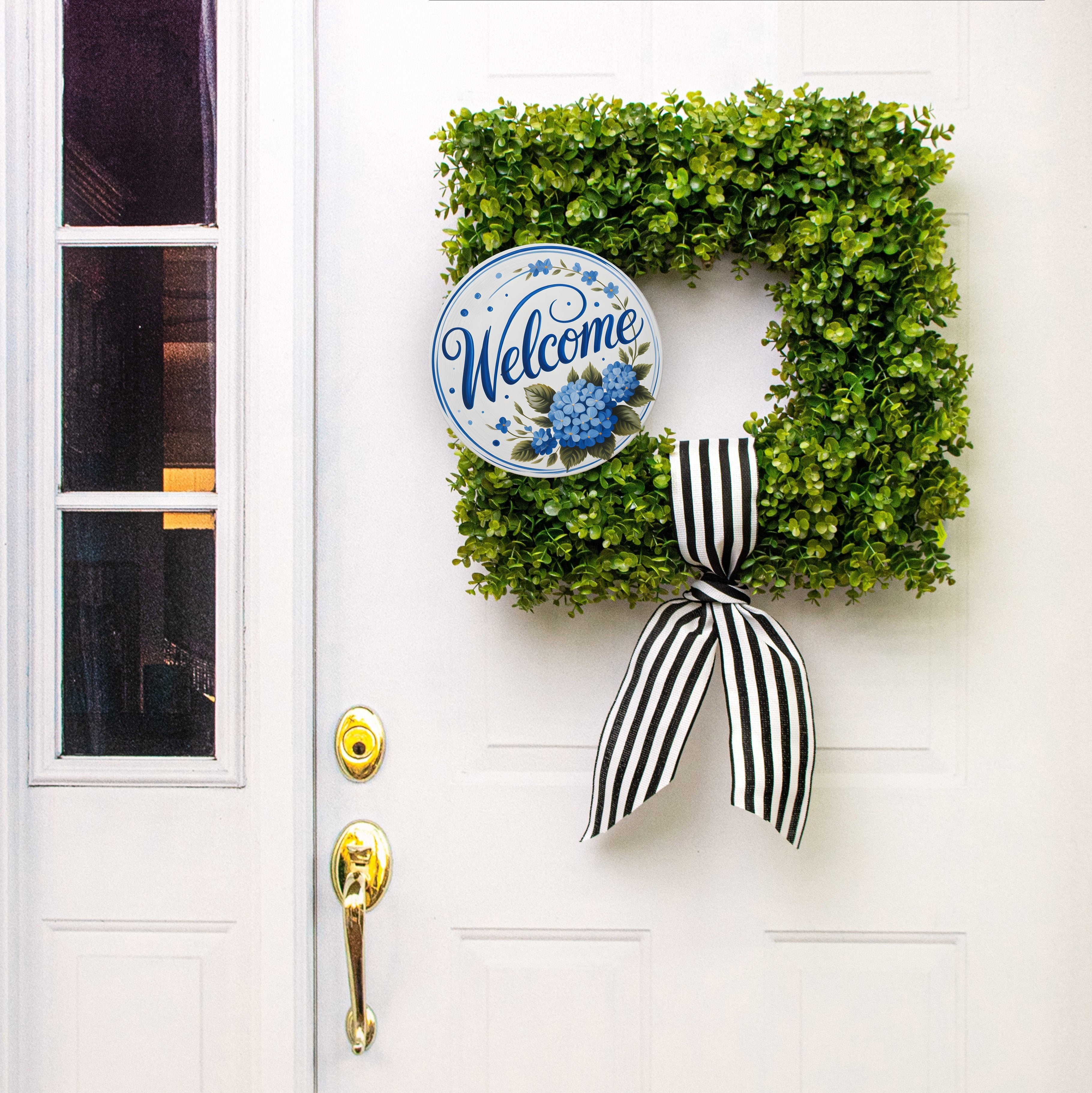 10.5" Round Waterproof Sign: Blue Hydrangea Welcome Lifestyle Photo