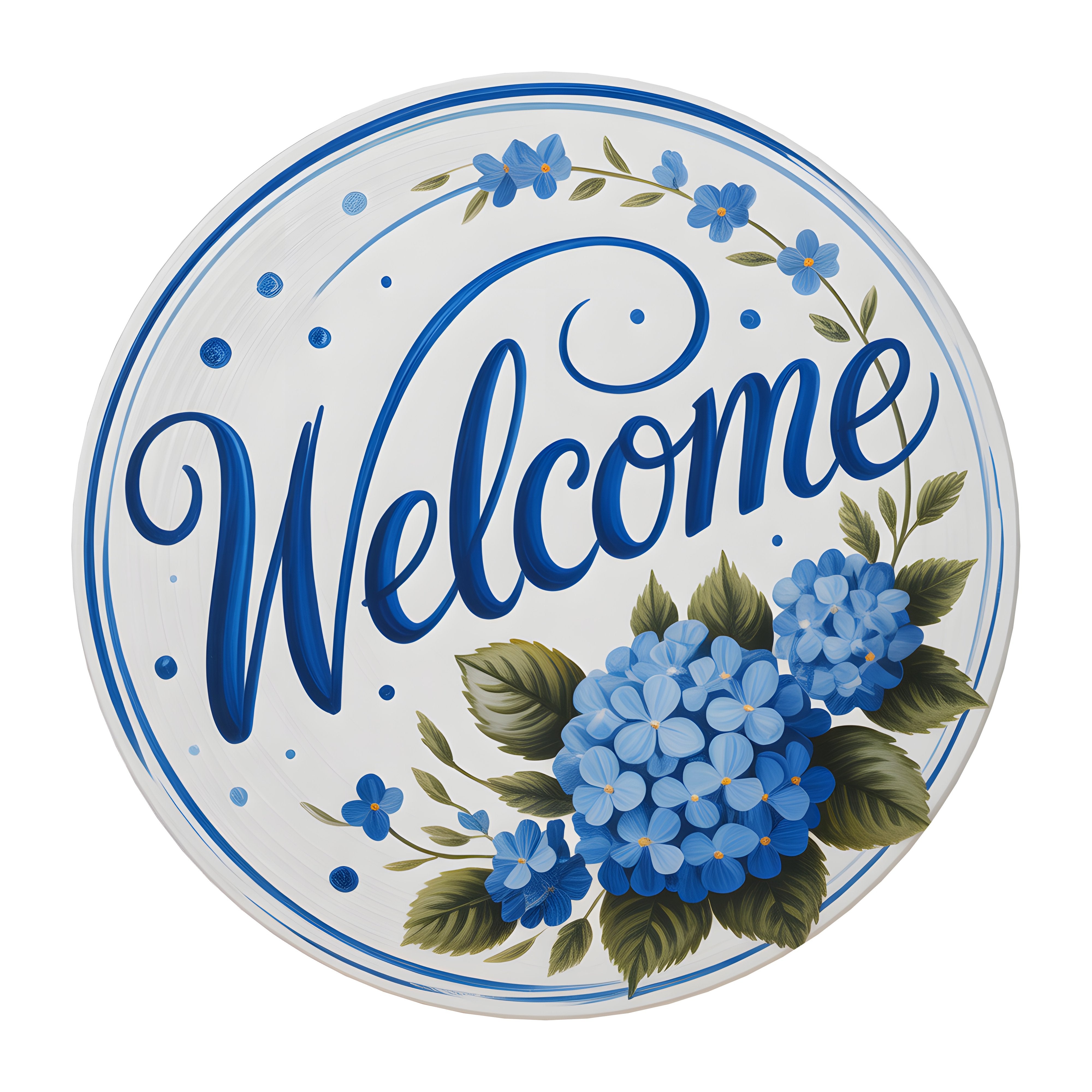 10.5" Round Waterproof Sign: Blue Hydrangea Welcome Item Number: CD1231NH-105