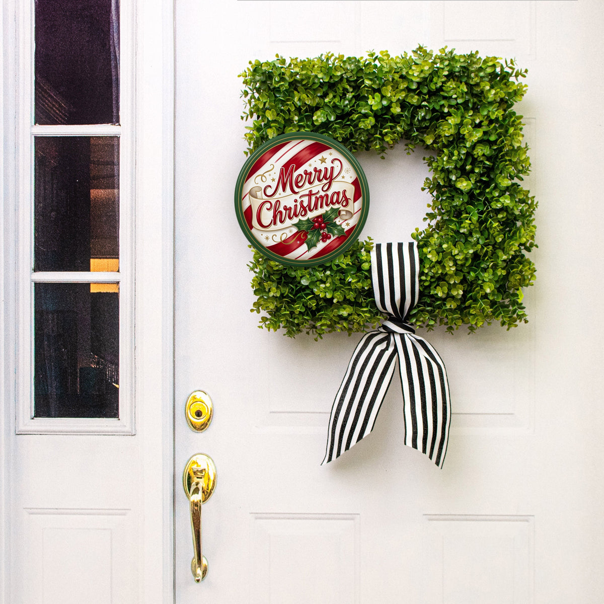 10.5" Round Waterproof Sign: Candy Stripe Merry Christmas Holly Lifestyle Photo