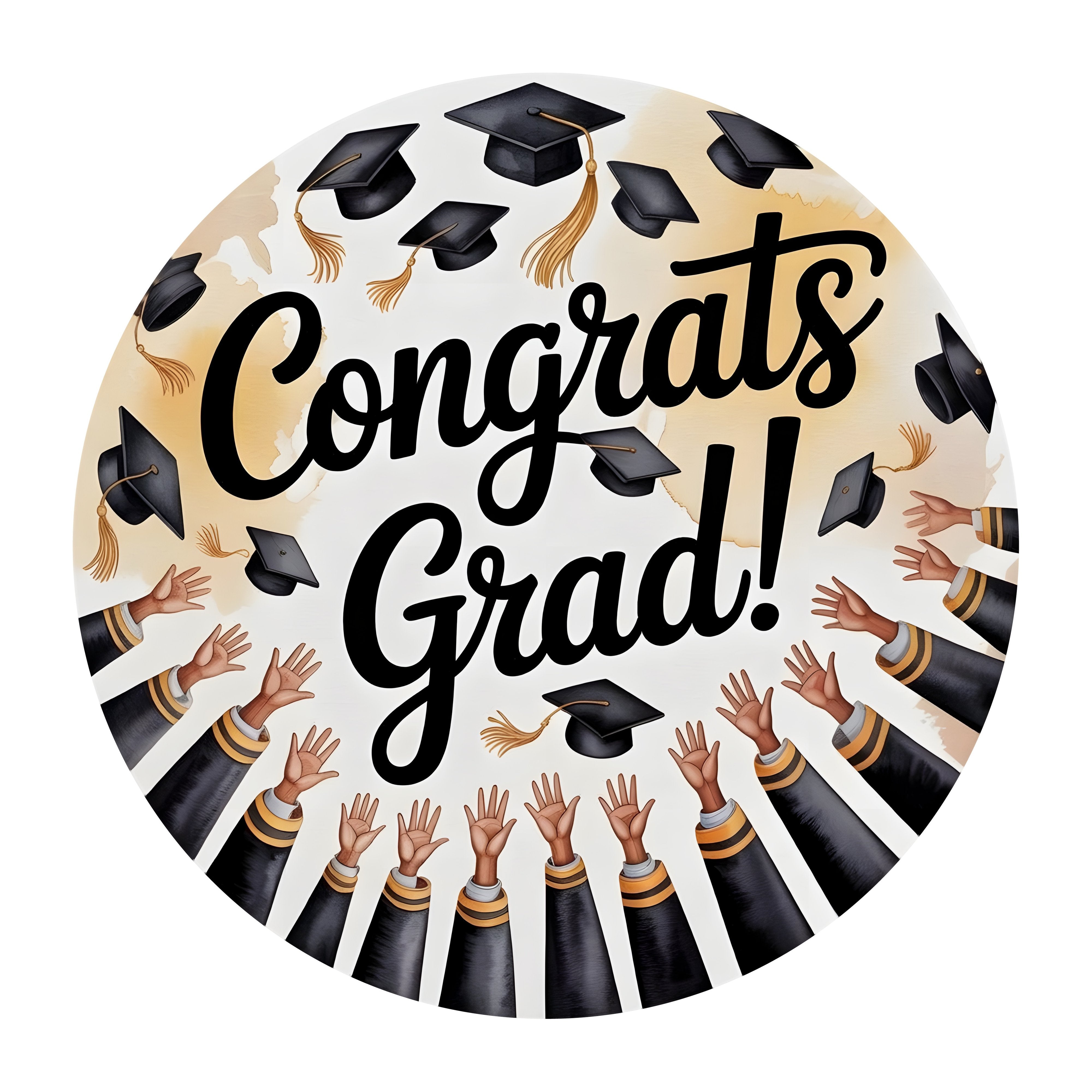 10.5" Round Waterproof Sign: Congrats Grad Caps in the Air Item Number: CD1325NH-105
