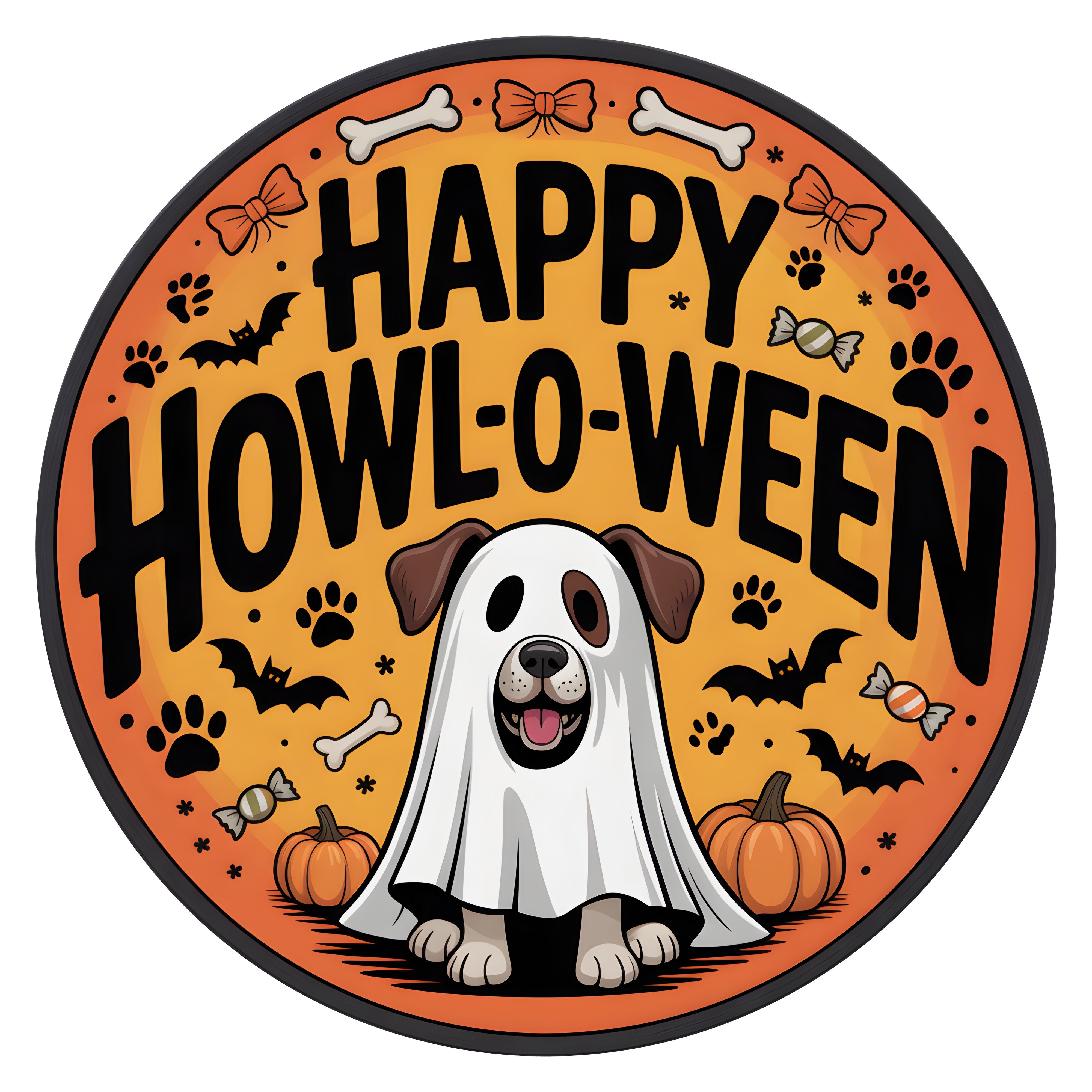 10.5" Round Waterproof Sign: Dog Ghost Happy Howl-O-Ween Item Number: CD1435NH-105