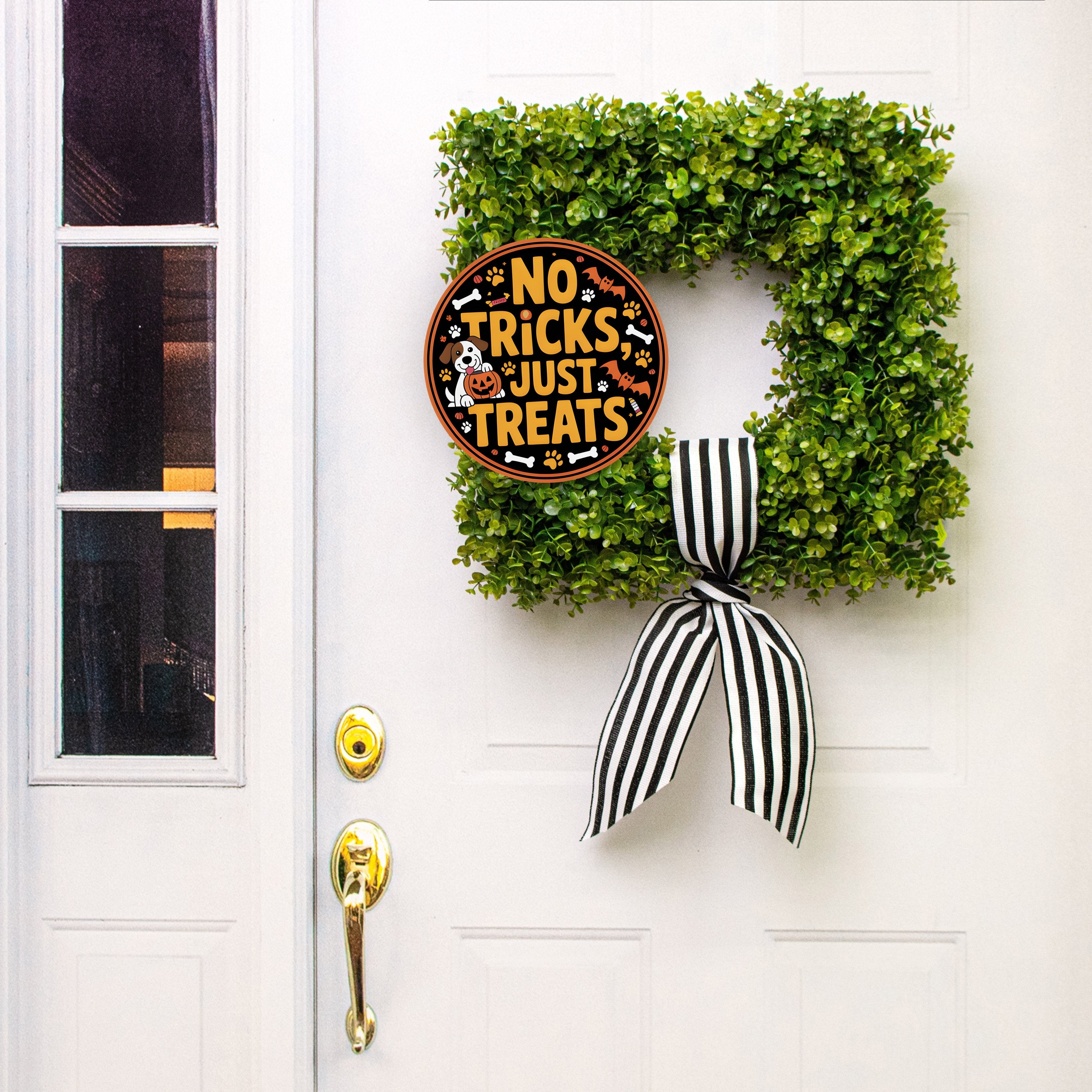 10.5" Round Waterproof Sign: Dog Halloween No Tricks Just Treats Lifestyle Photo