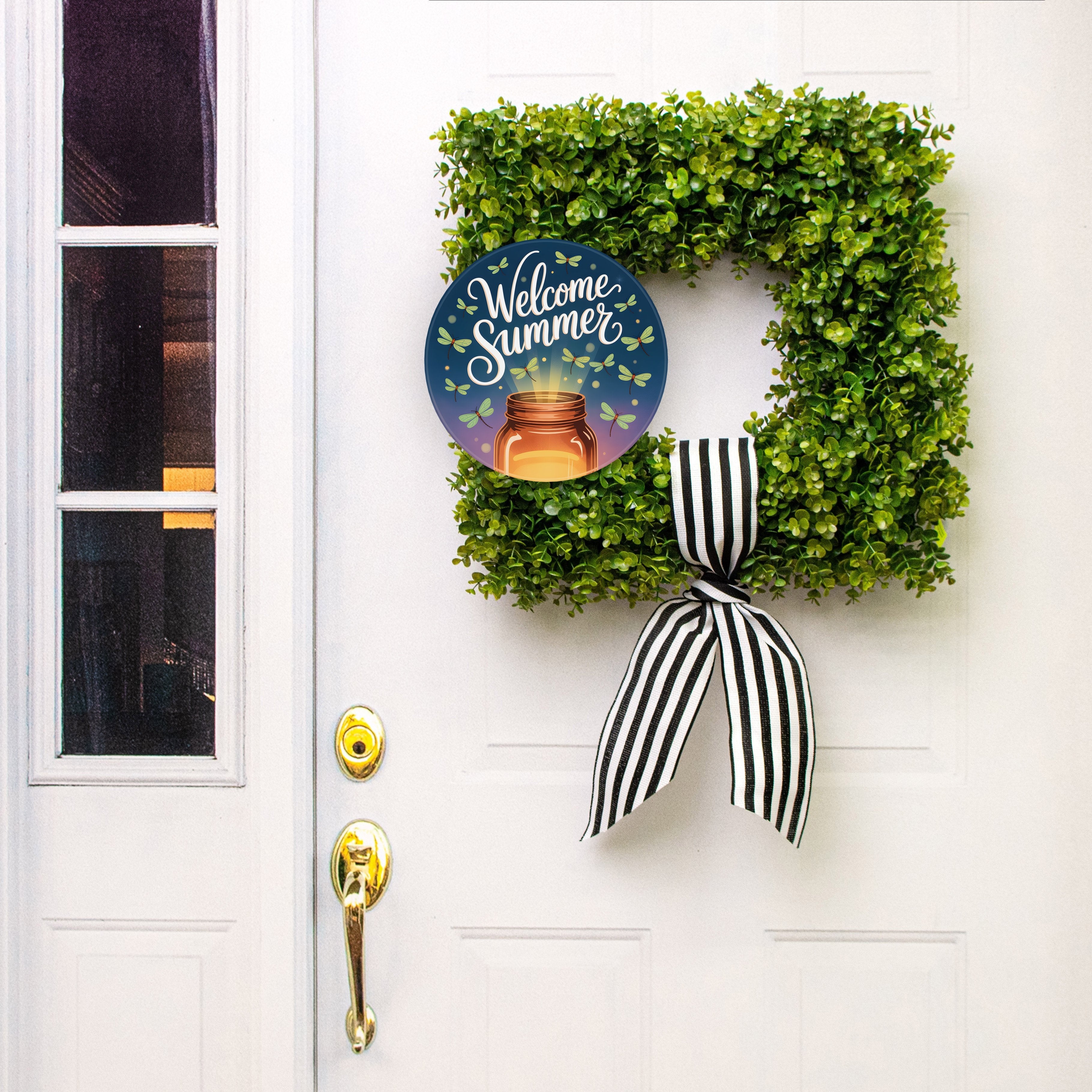 10.5" Round Waterproof Sign: Fireflies Dancing Around Mason Jar Welcome Summer Lifestyle Photo
