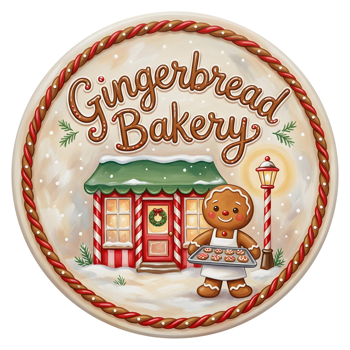 10.5" Round Waterproof Sign: Gingerbread Bakery Storefront Baker Item Number: CD1485NH-105