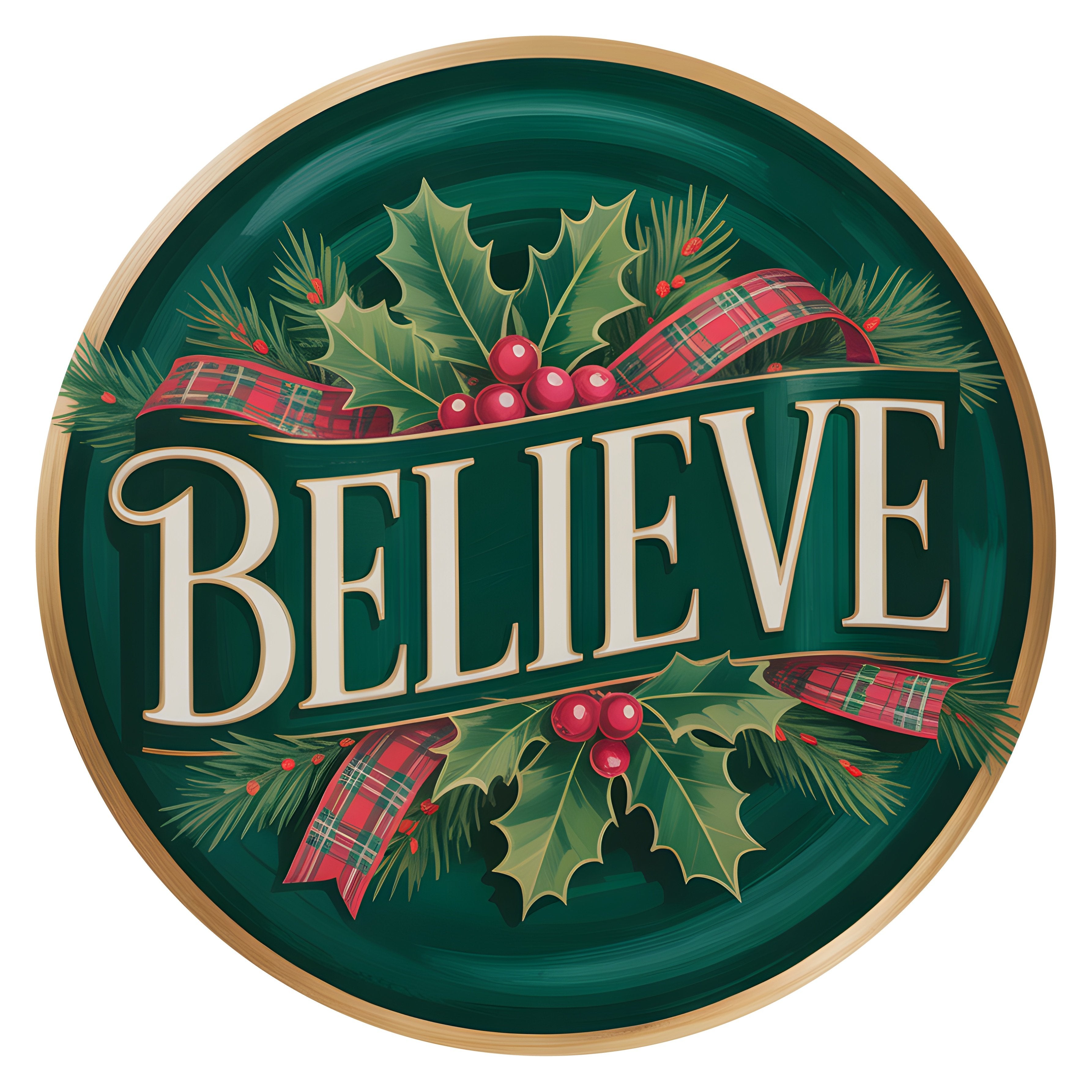 10.5" Round Waterproof Sign: Green Jewel Tone Plaid Believe Item Number: CD1450NH-105