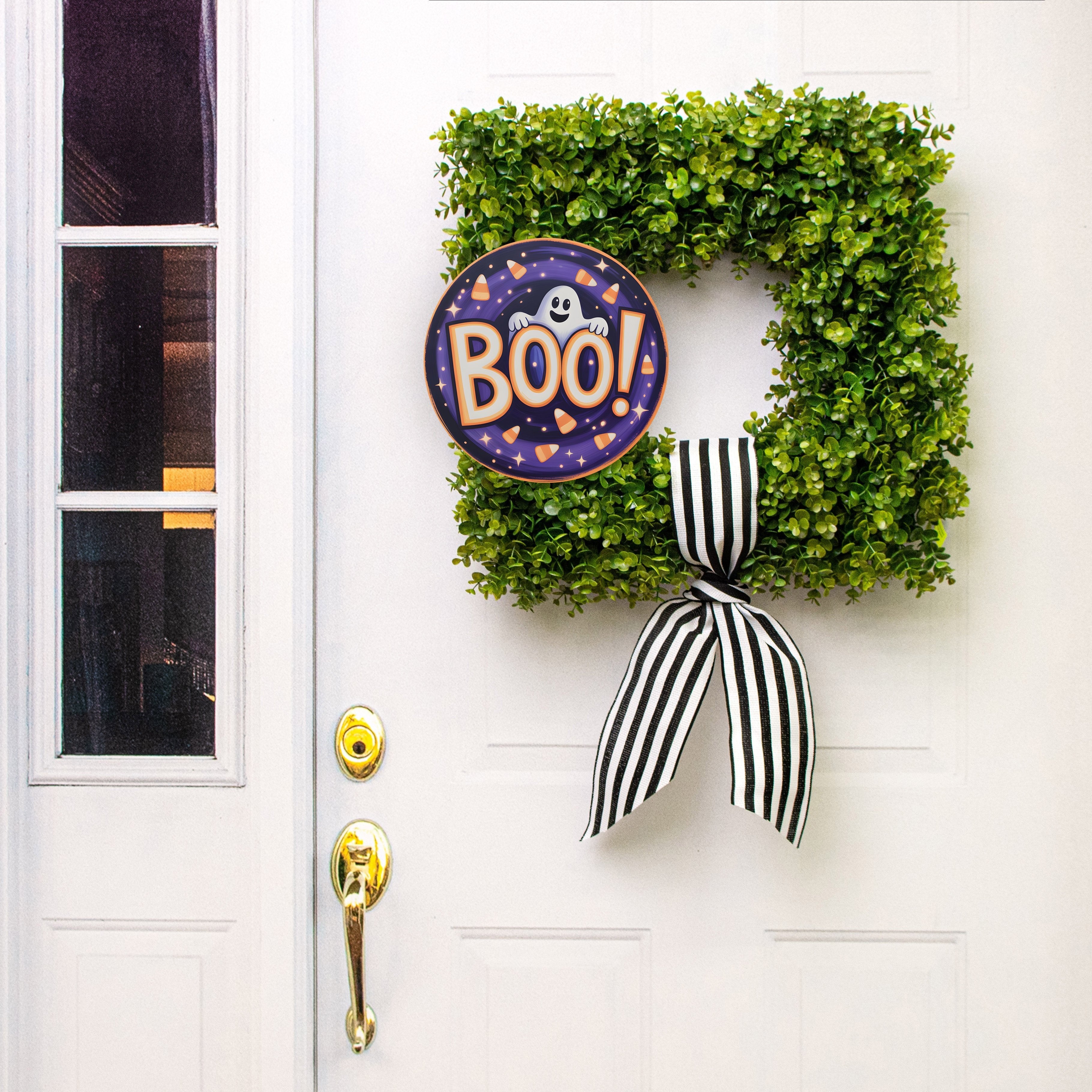 10.5" Round Waterproof Sign: Halloween Boo Ghost with Candy Corn Lifestyle Photo